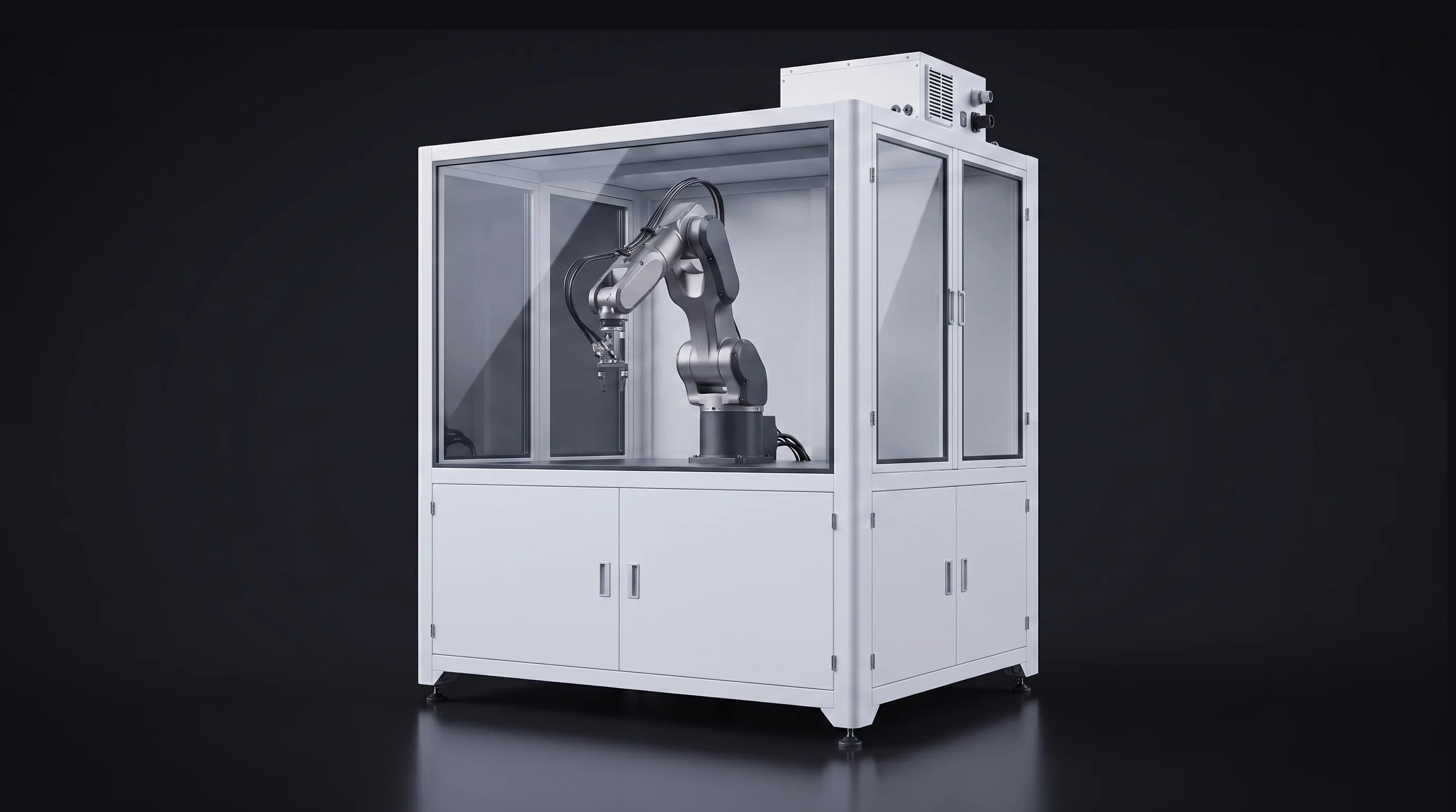 The same robotic work cell in a sealed white cleanroom configuration