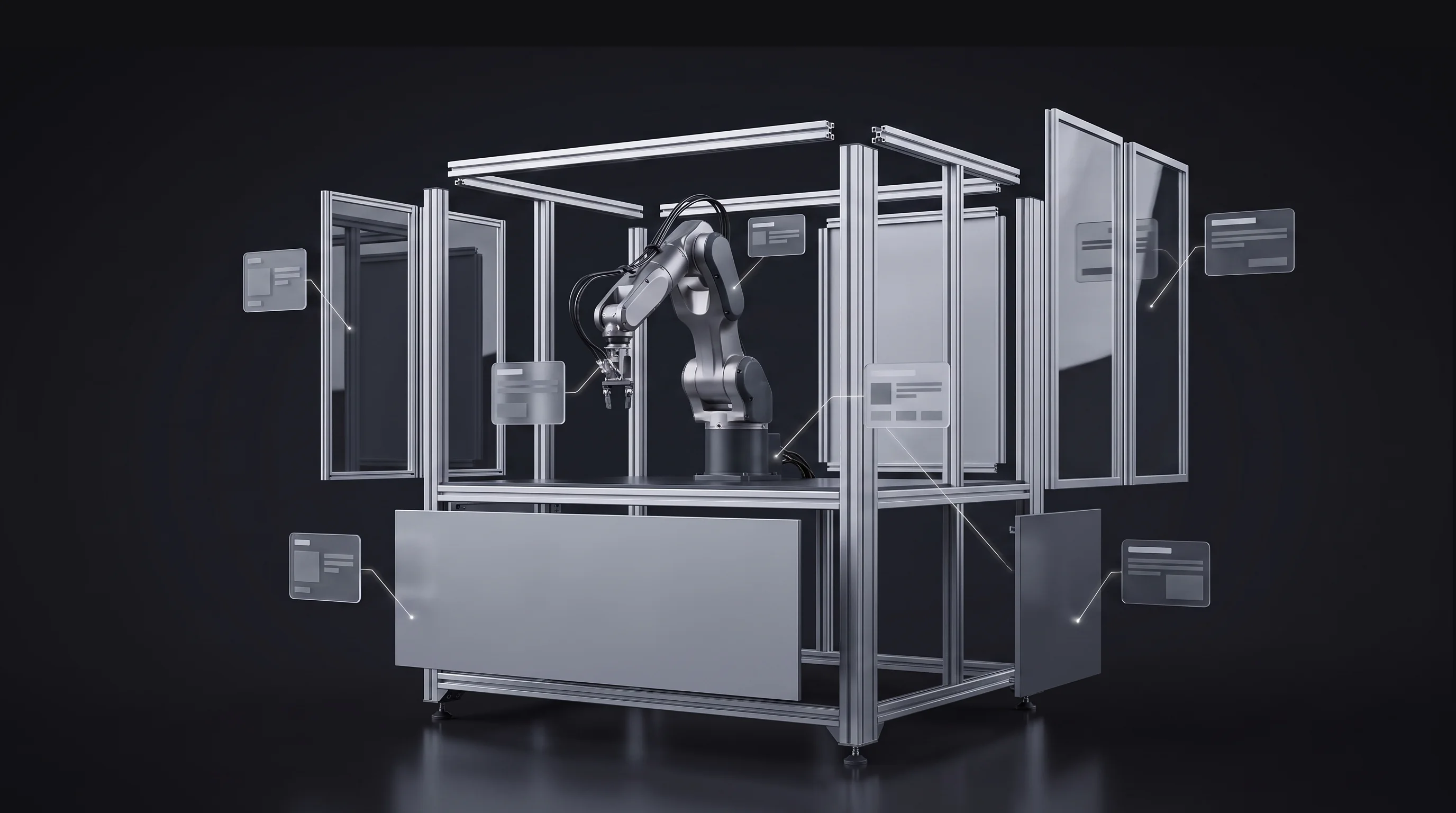The robotic work cell exploded into its panels, frame members and individual arm segments with floating detail panels