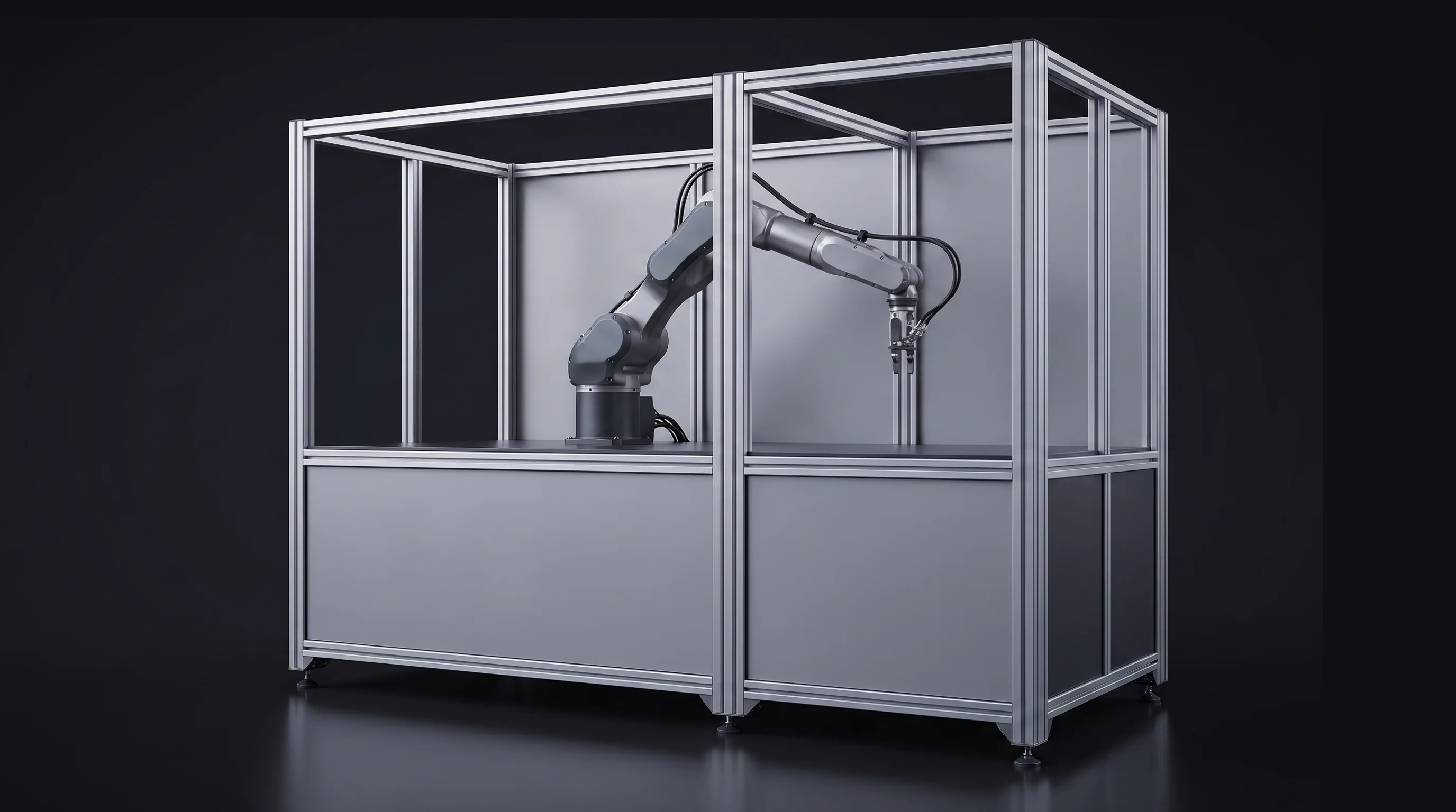 The same robotic work cell in an extended-reach configuration with a wider enclosure