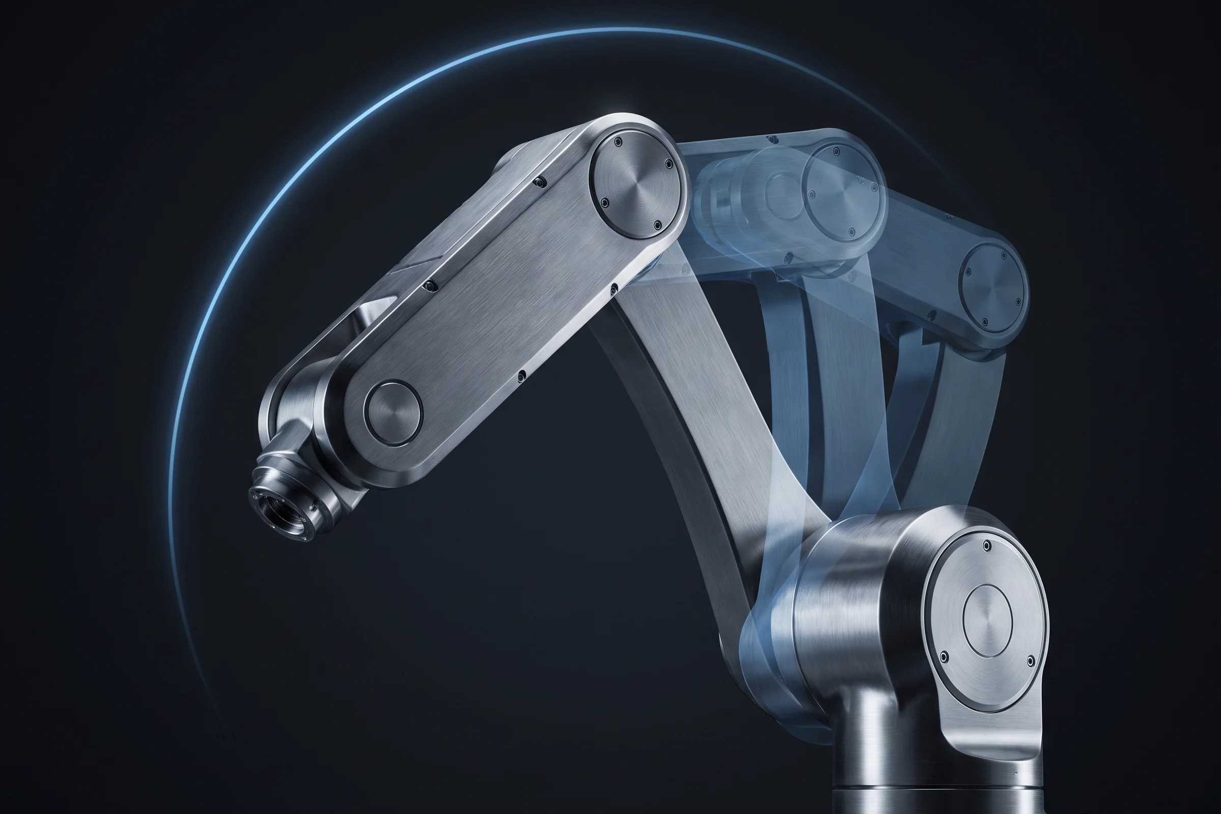 Robotic arm captured mid-cycle with ghosted frames tracing its operating motion