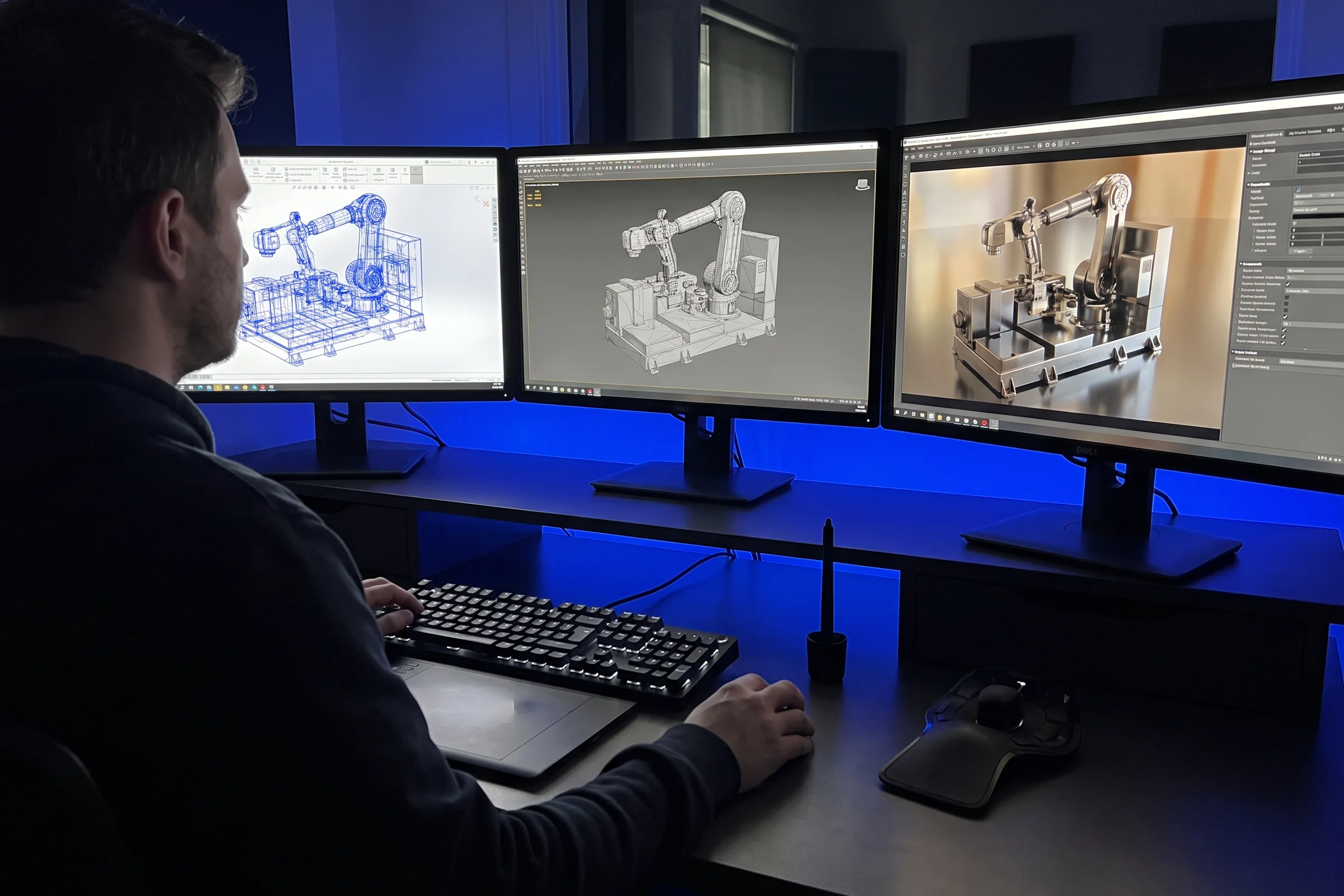 Three-monitor workstation showing a CAD wireframe, cleaned topology, and the finished real-time model of a robot arm