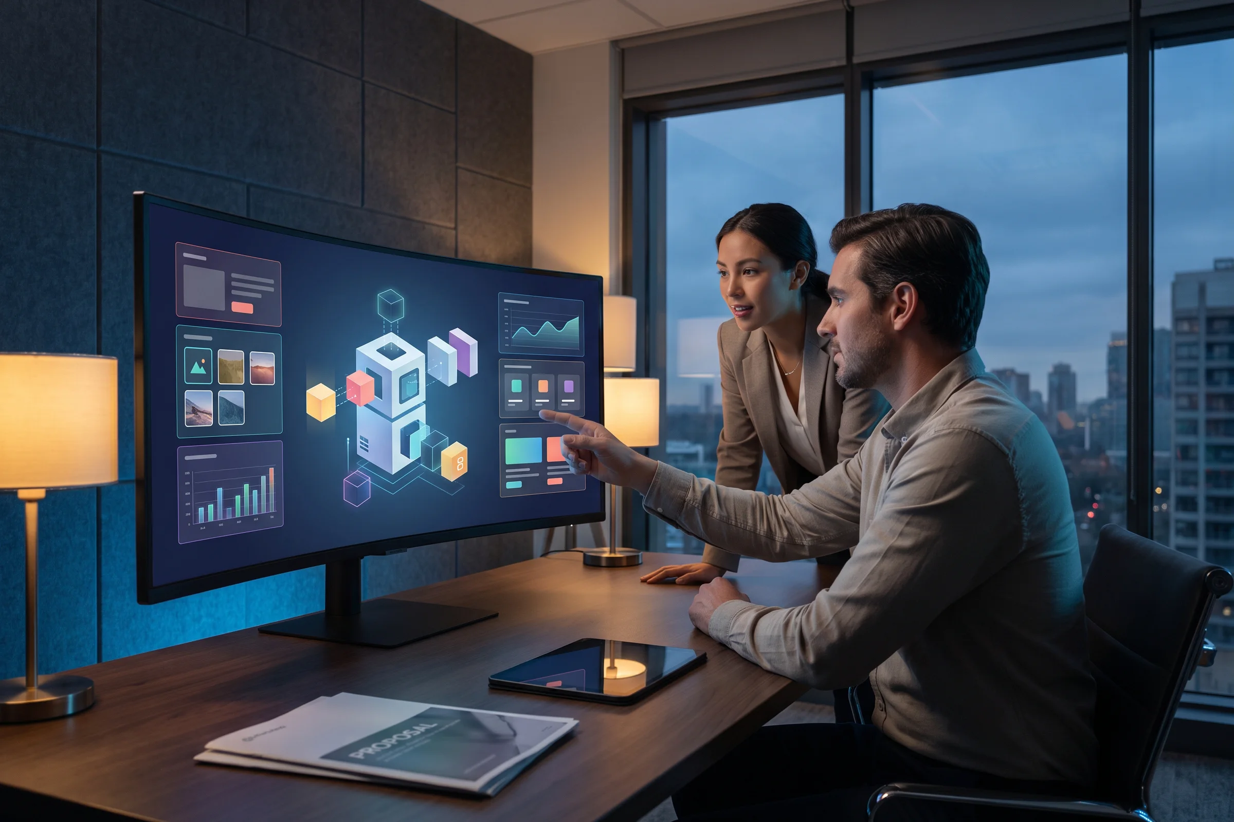 Sales engineer and customer reviewing a visual quote configurator with option thumbnails on a widescreen monitor