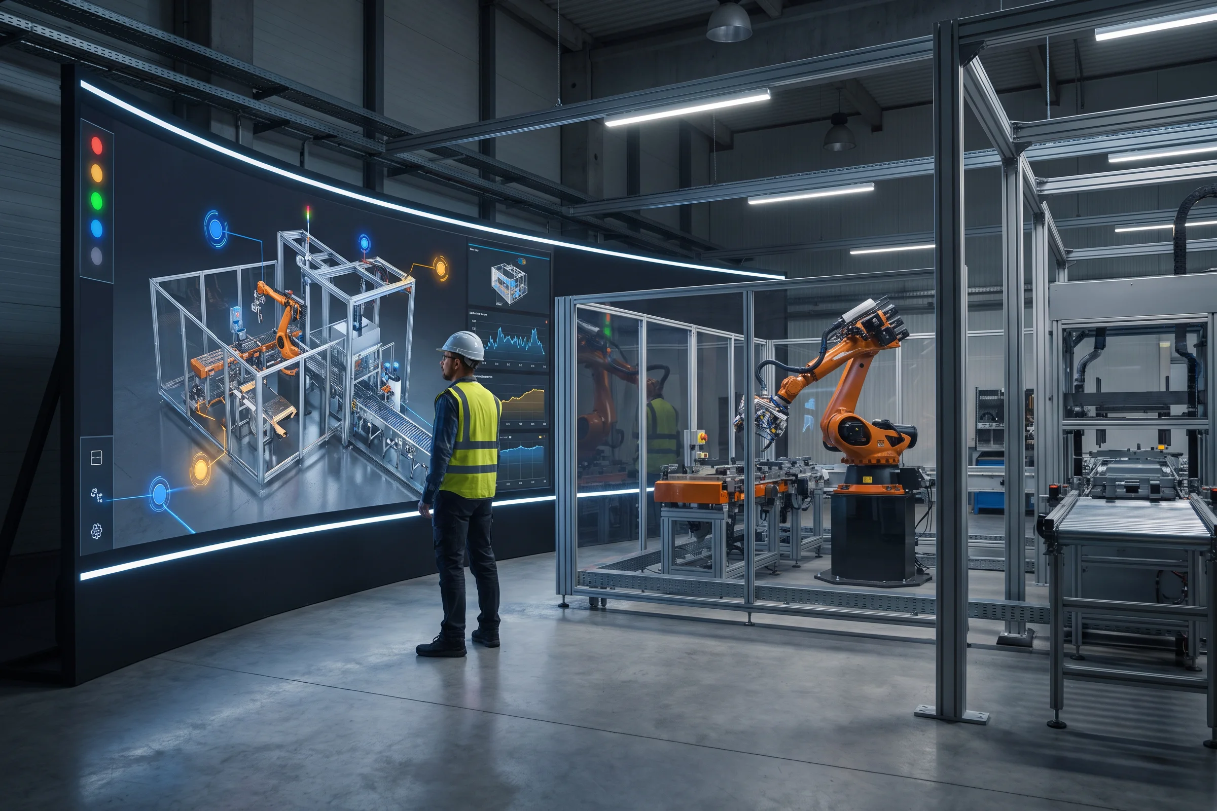 Engineer studying a real-time 3D digital twin on a wall display beside the physical robotic cell it mirrors