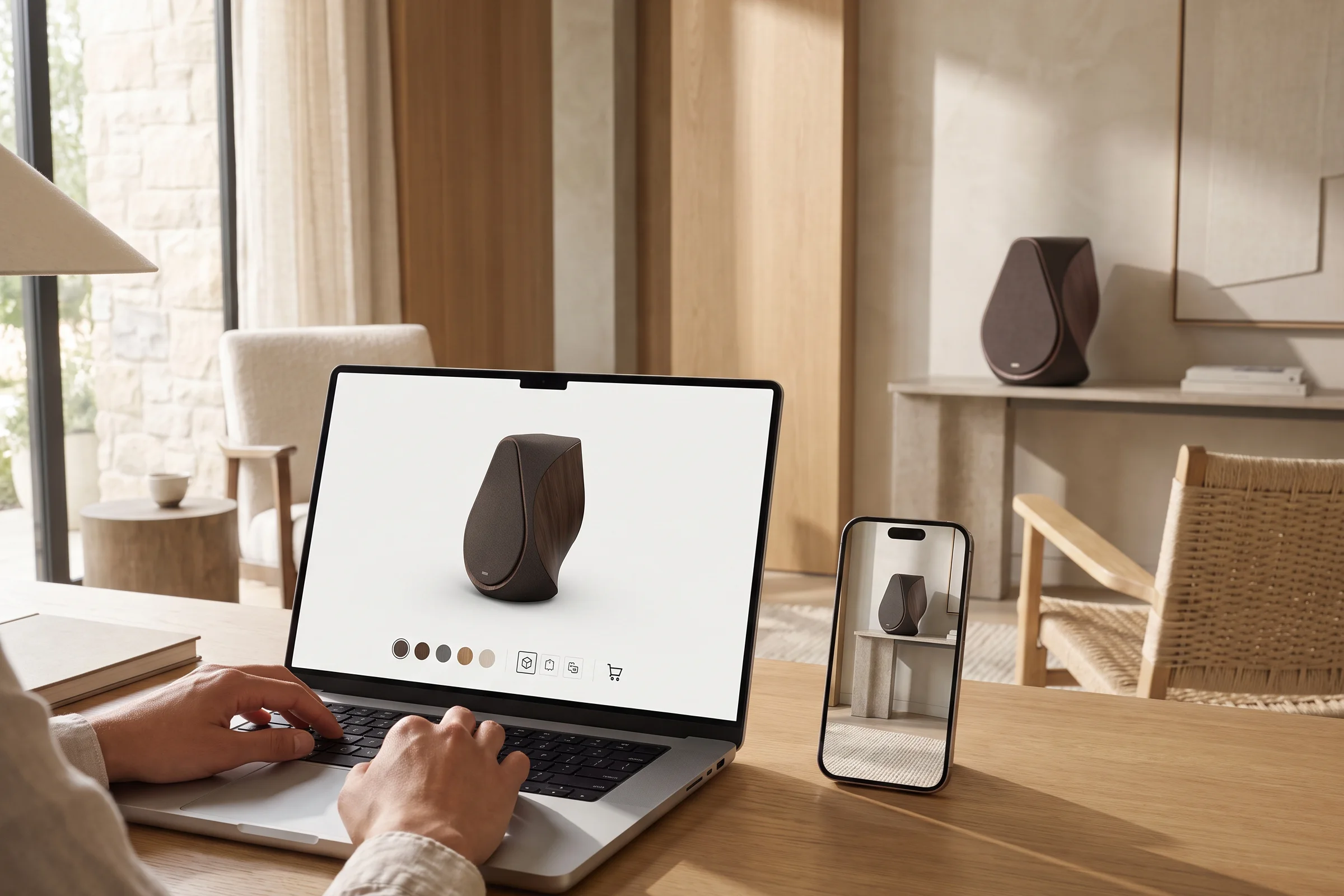 Buyer configuring a product in 3D on a laptop while a phone beside it shows the same product placed in the room in AR
