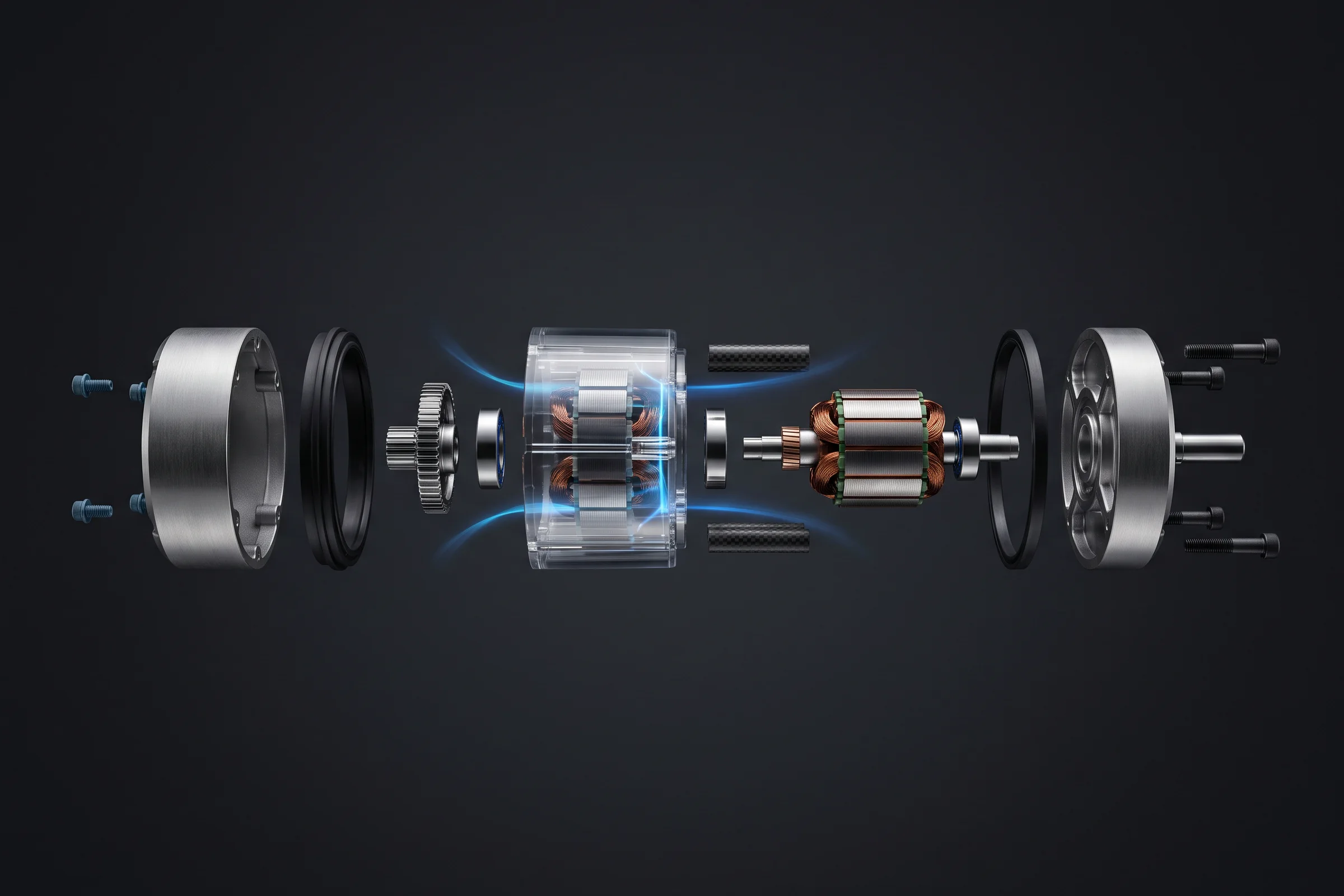 Industrial electric motor in an exploded view with a transparent casing revealing the rotor and airflow path