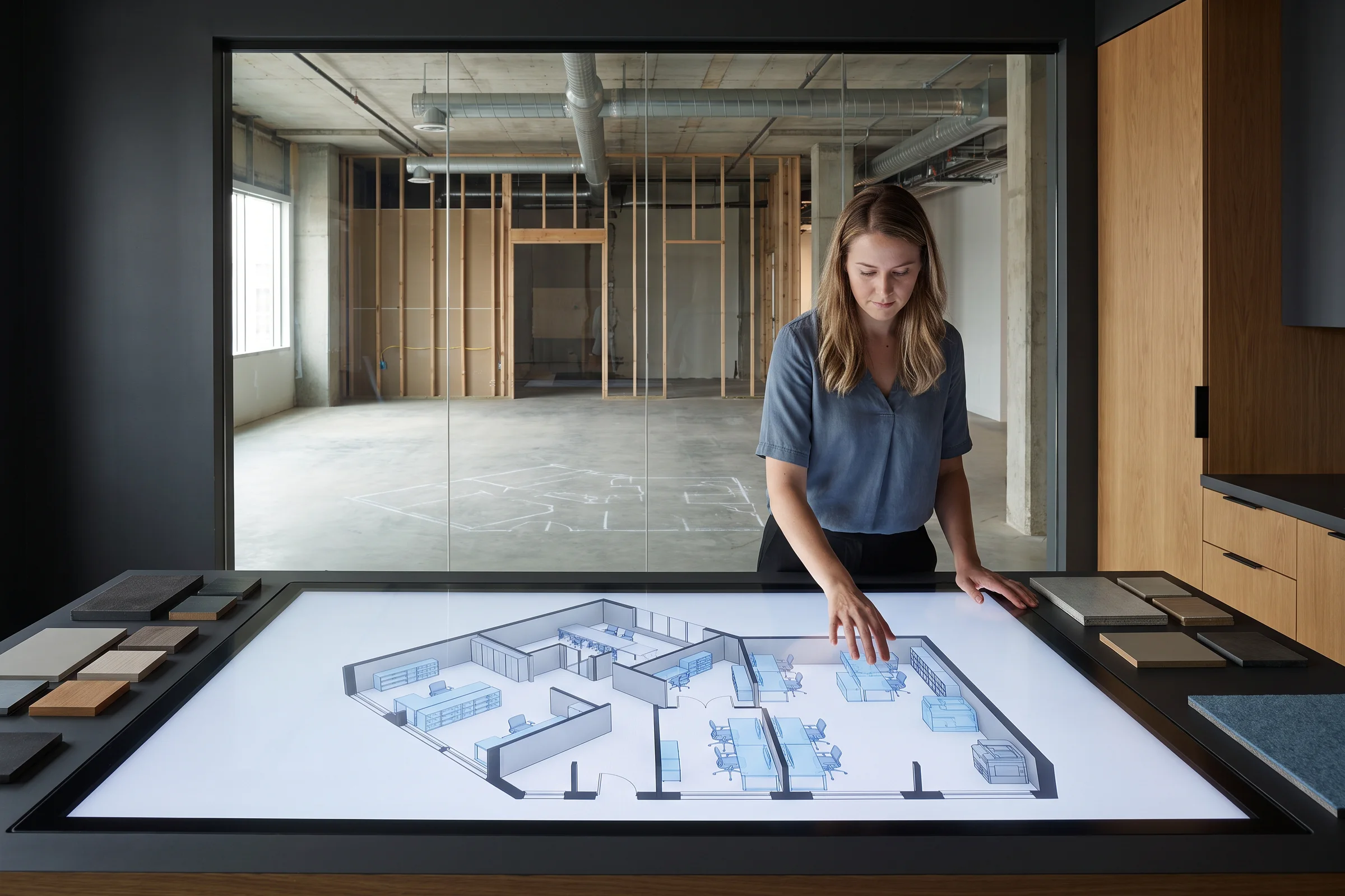 Designer arranging modular furniture in a 3D floor plan on a large horizontal touchscreen table
