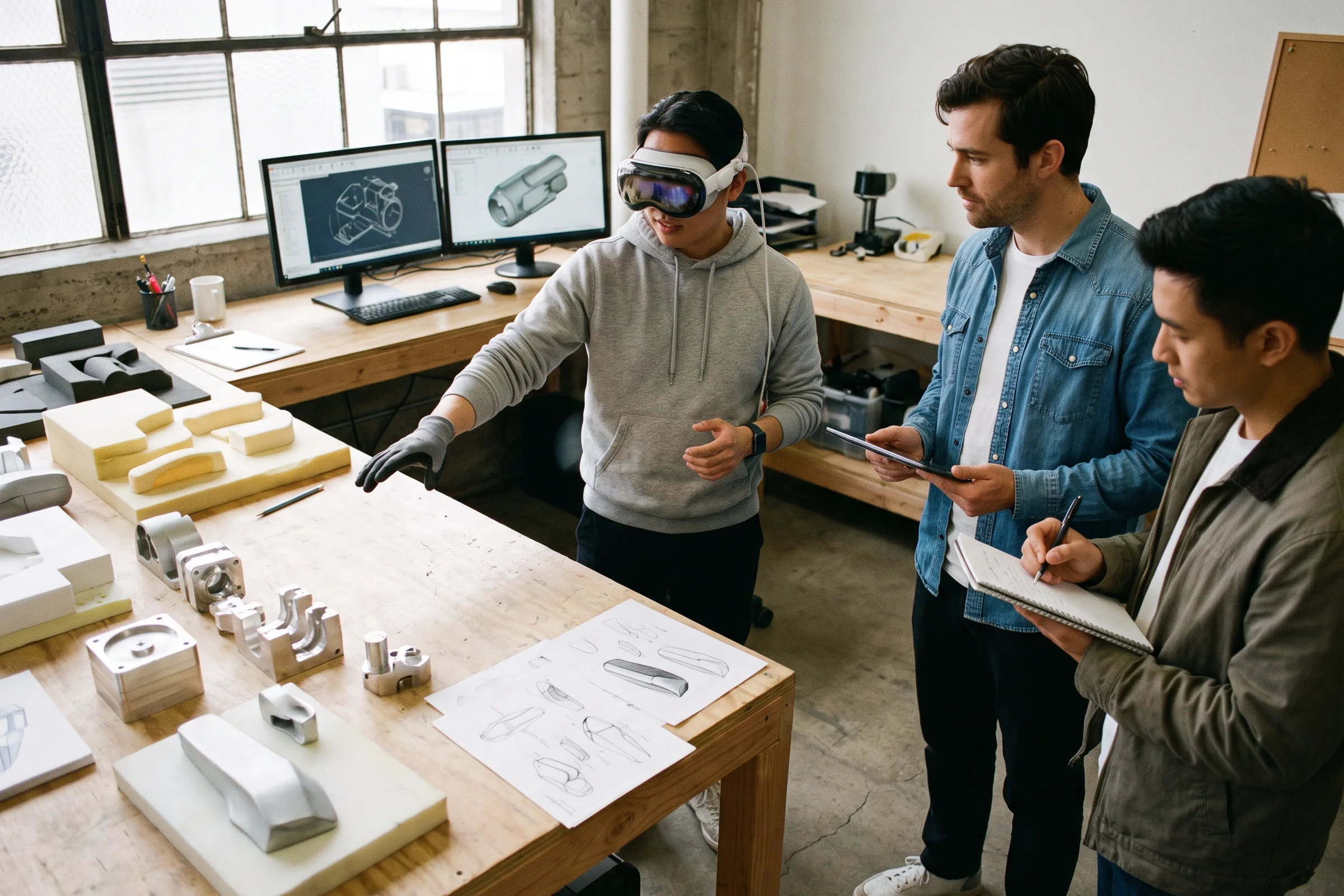 Design team reviewing foam models, machined parts and sketches at a workbench, one member in an Apple Vision Pro