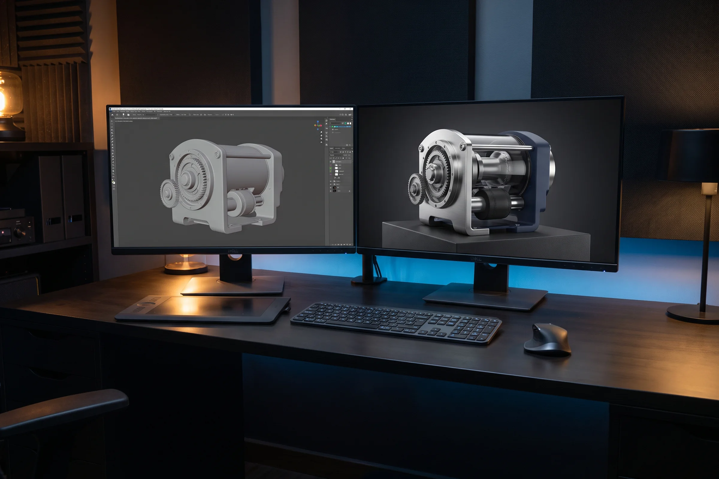 Two studio monitors showing the same device as an untextured model and as a finished photoreal render