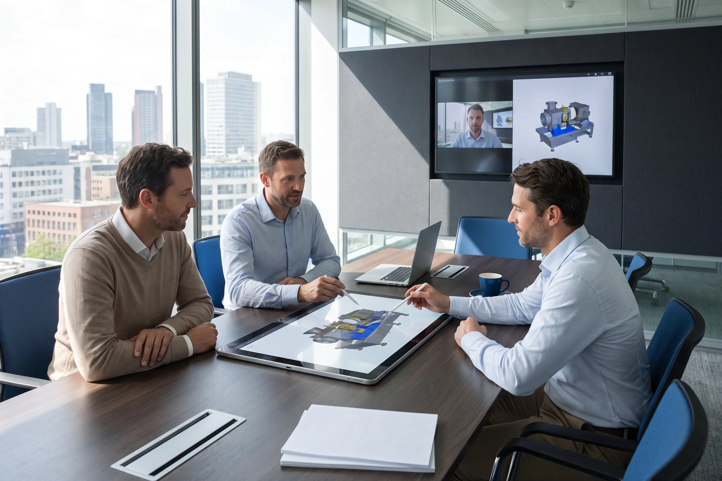 Salesperson presenting a 3D equipment model on a tablet to two customers with a remote participant on the wall display