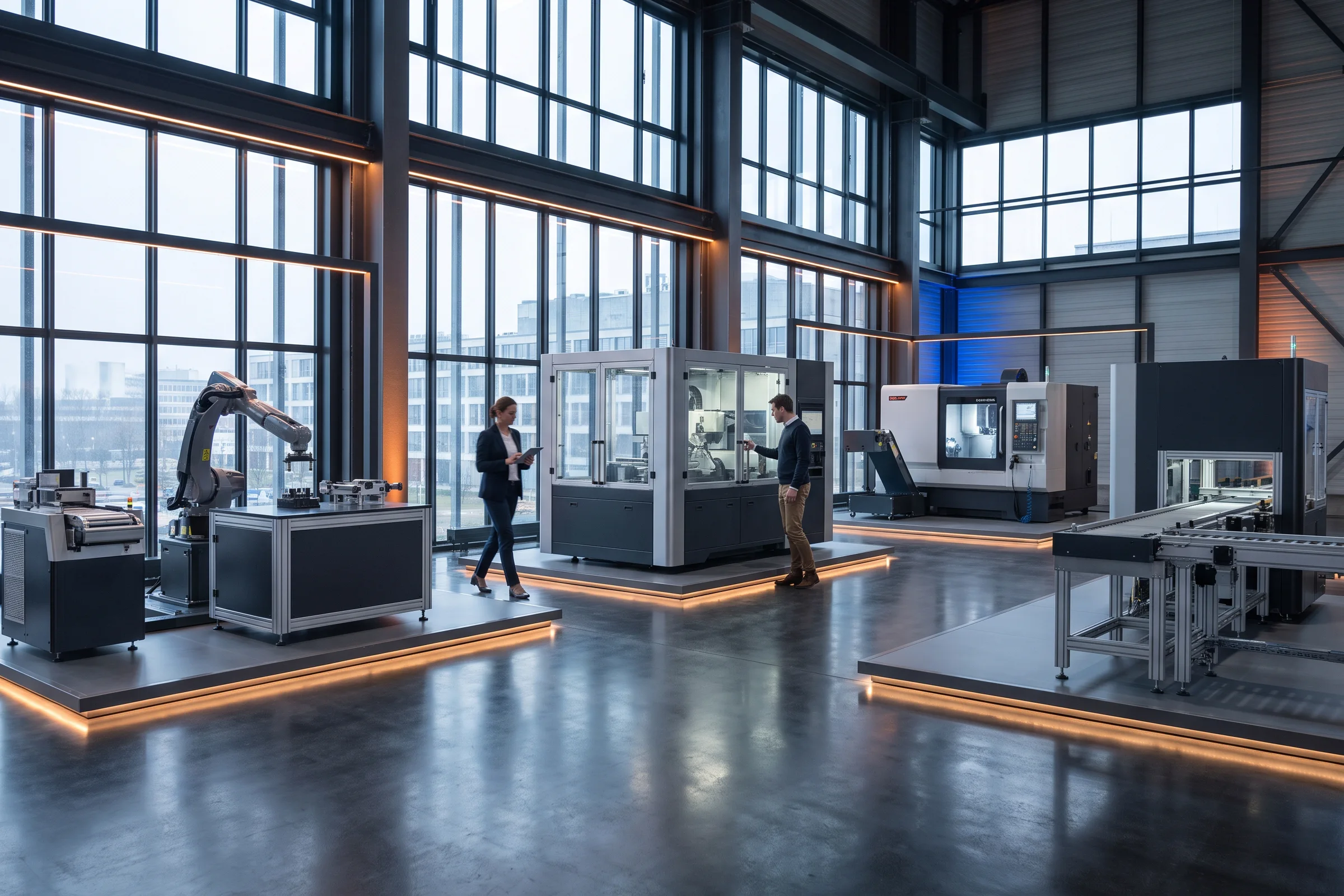 Spacious virtual showroom staging a family of unbranded industrial machines on lit plinths