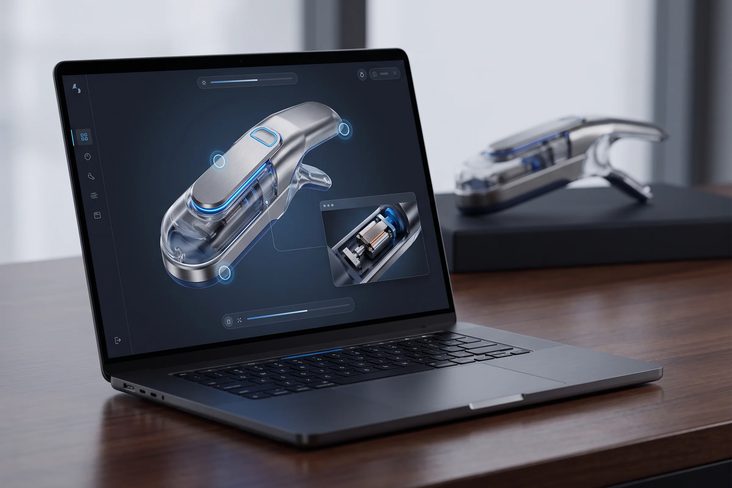 Laptop showing an interactive 3D viewer of a technical device with hotspot markers and a detail callout