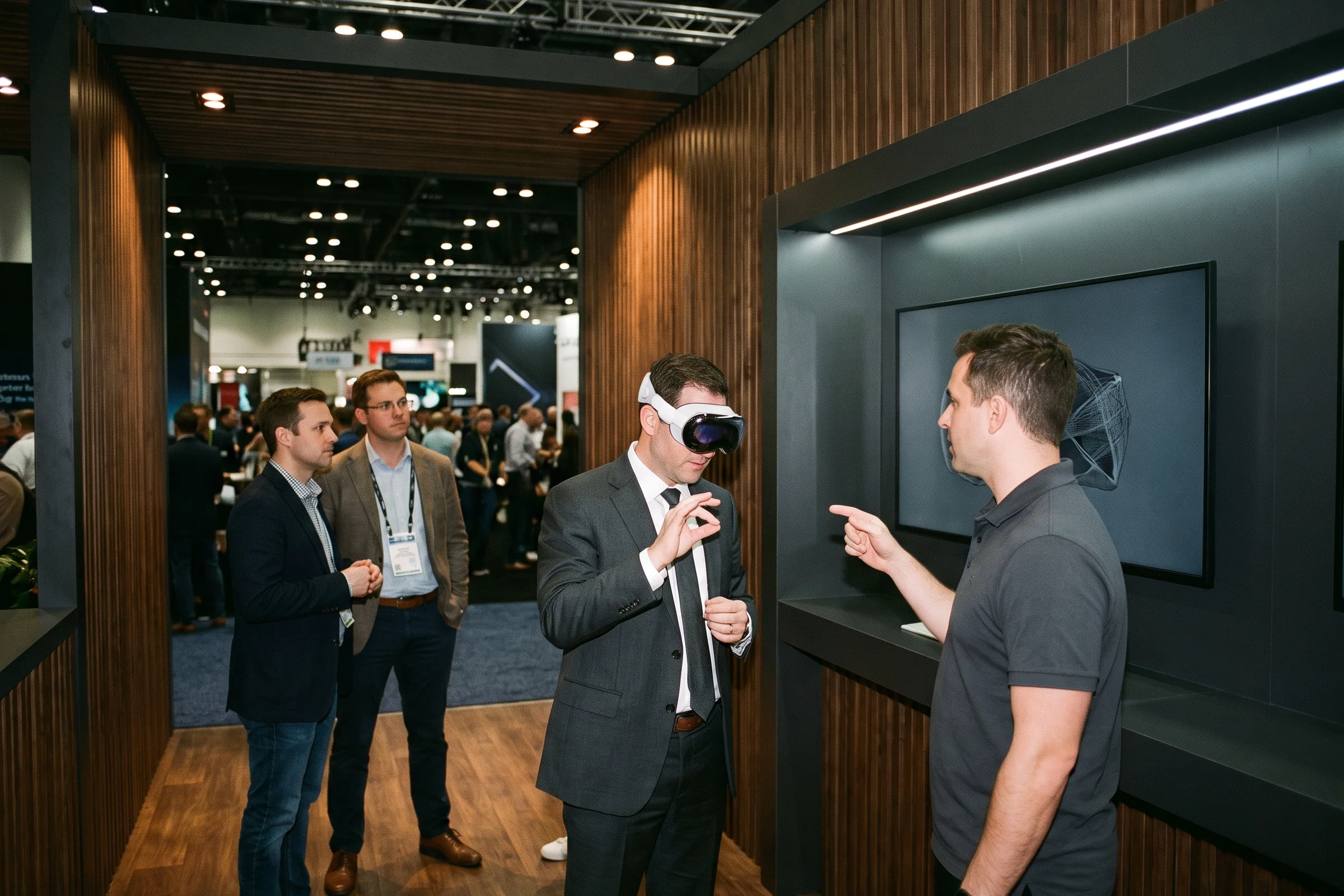 Executive in an Apple Vision Pro at a trade-show booth while a host presents on the wall display