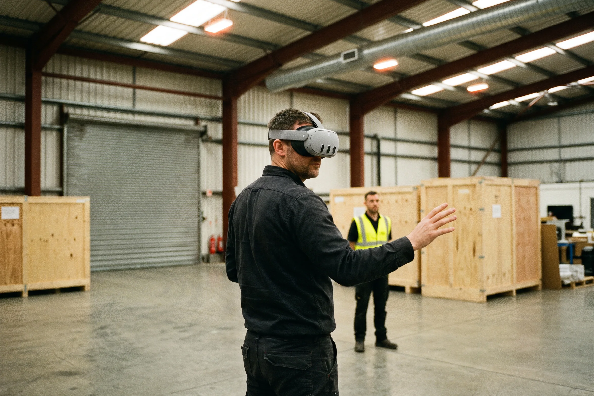 Technician in a Meta Quest 3 headset reaching toward a virtual product in an open industrial demonstration space