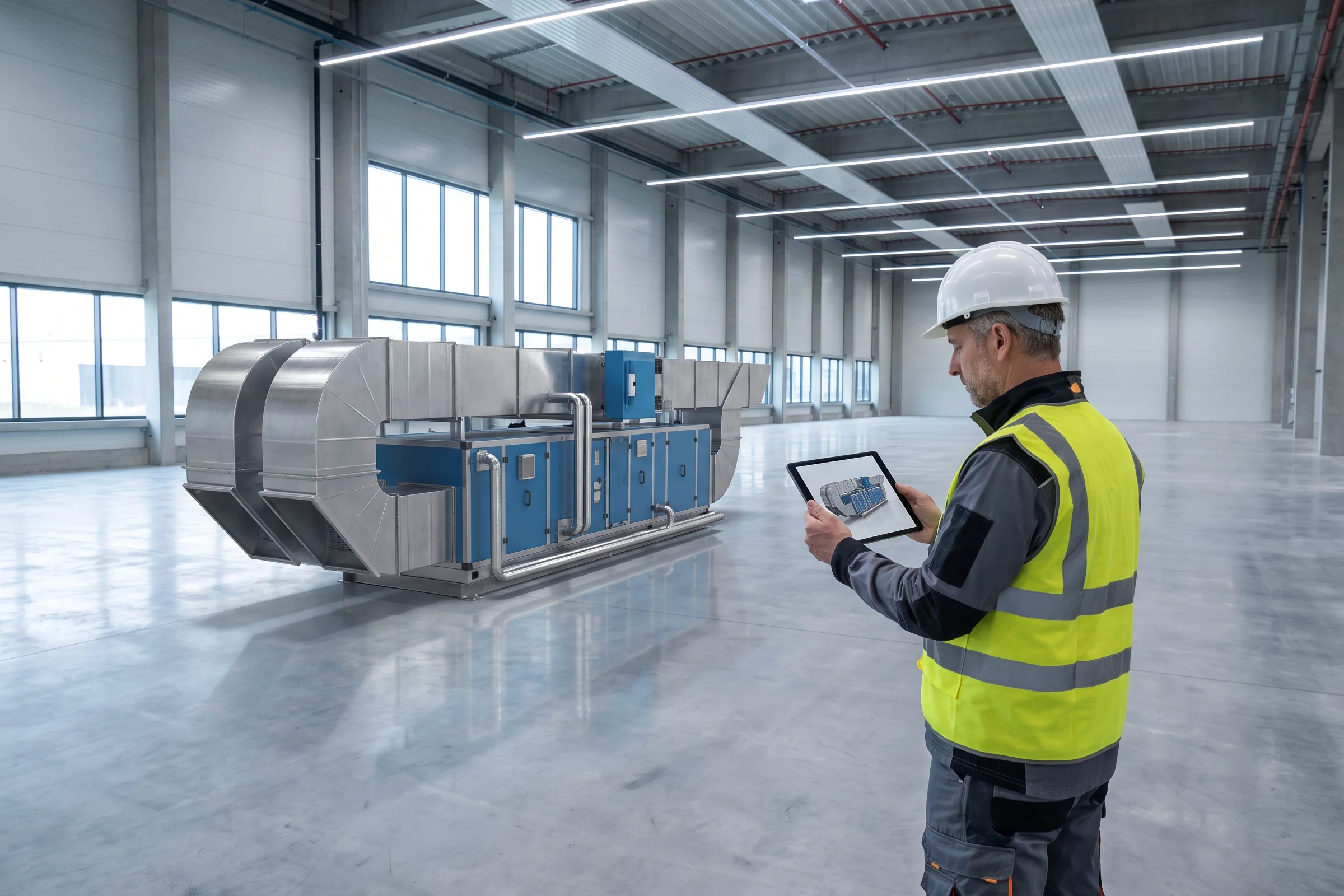 Facilities manager previewing a full-scale virtual production machine on the floor of an empty plant through a tablet
