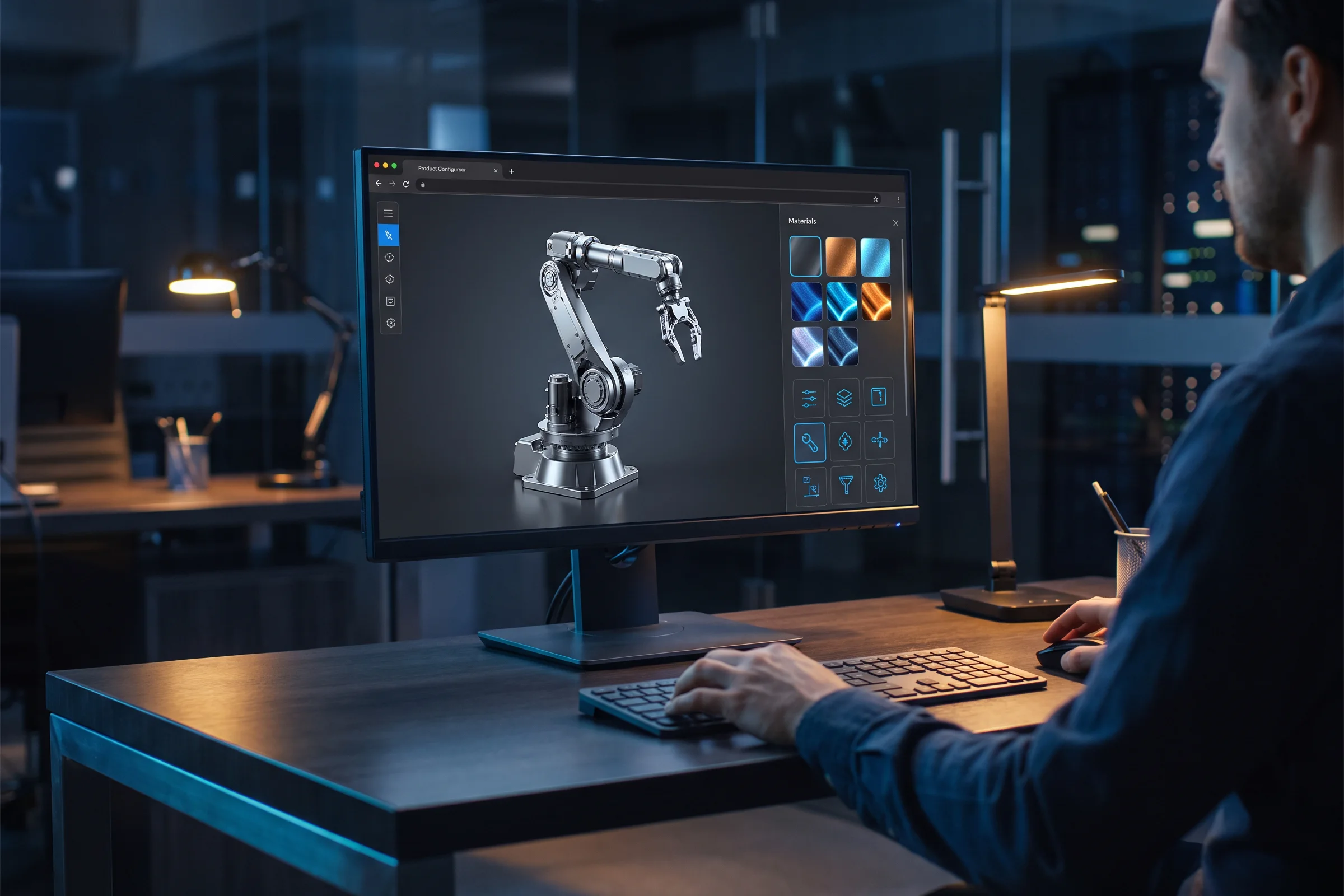 Engineer changing materials and modules on a browser-based 3D product configurator at a dark workstation