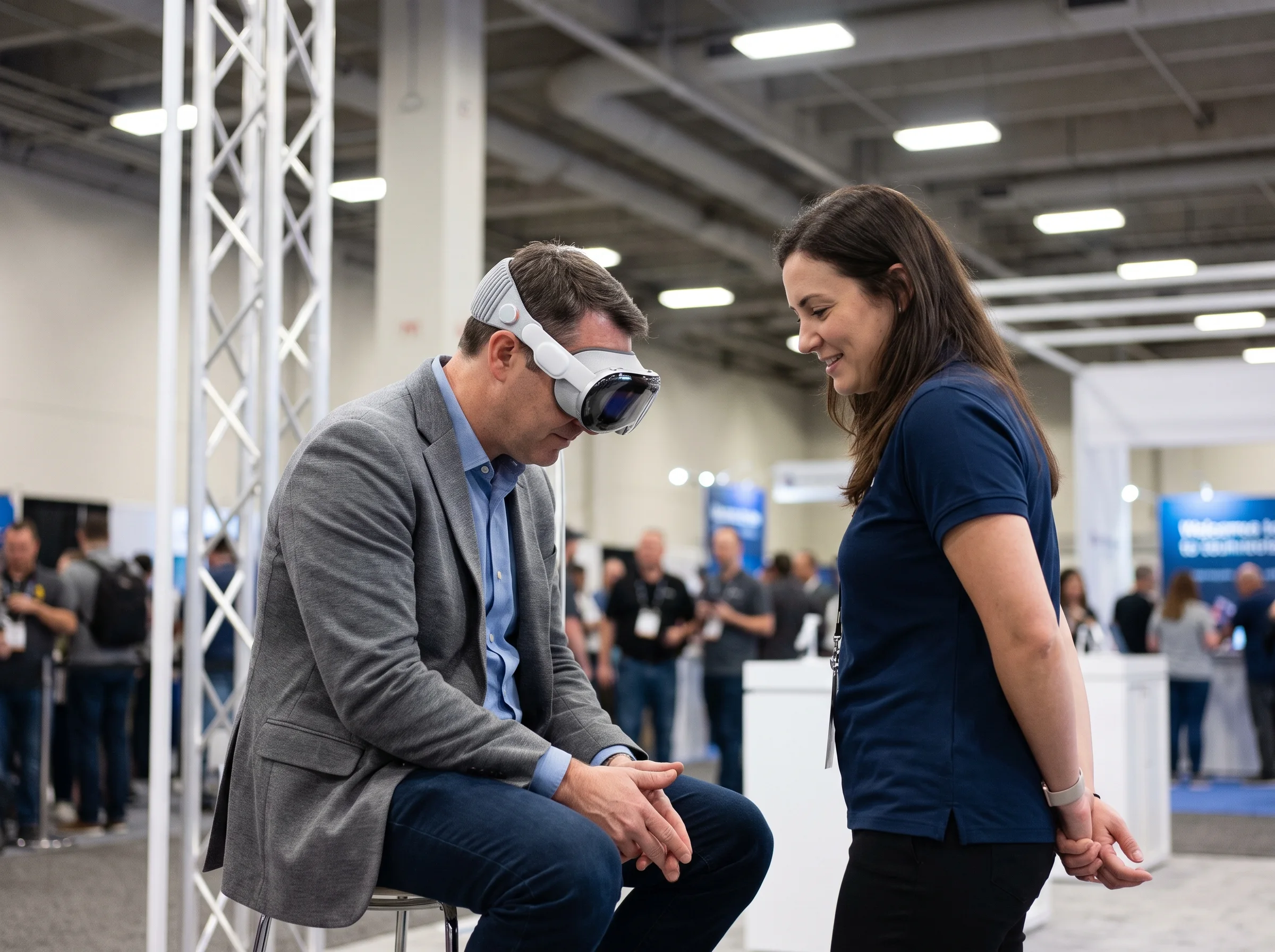 3D product configurator demo running on an Apple Vision Pro at a trade-show booth while staff assist