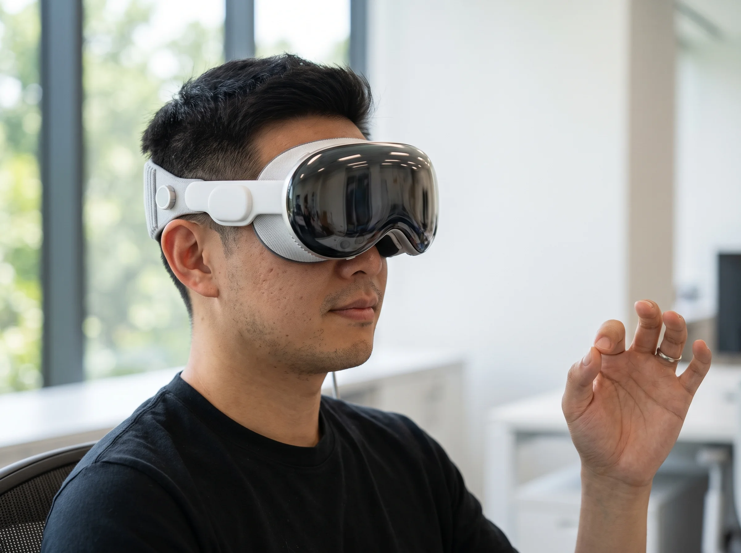 Demo attendee wearing an Apple Vision Pro, selecting a product option with a hand gesture