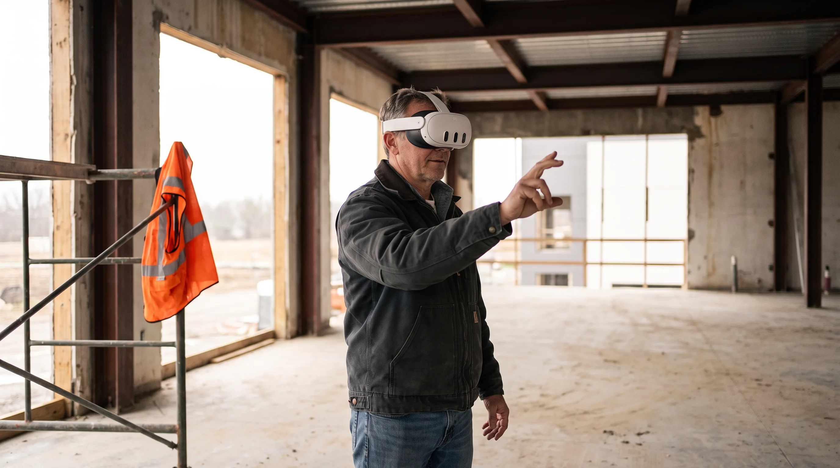 Construction manager wearing Meta Quest 3 reviewing a digital twin walkthrough on-site