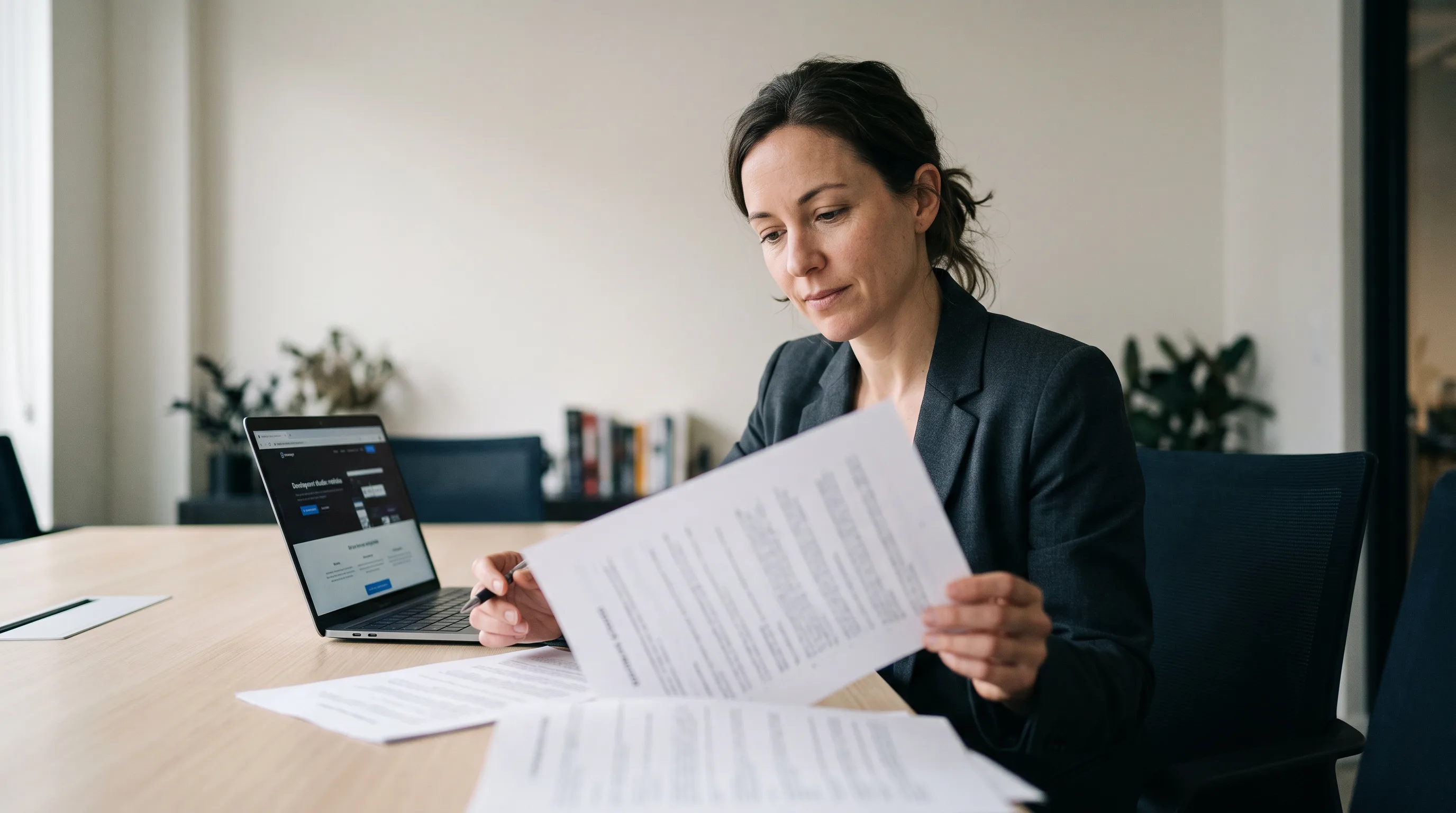 Business executive reviewing a software development contract at a conference table