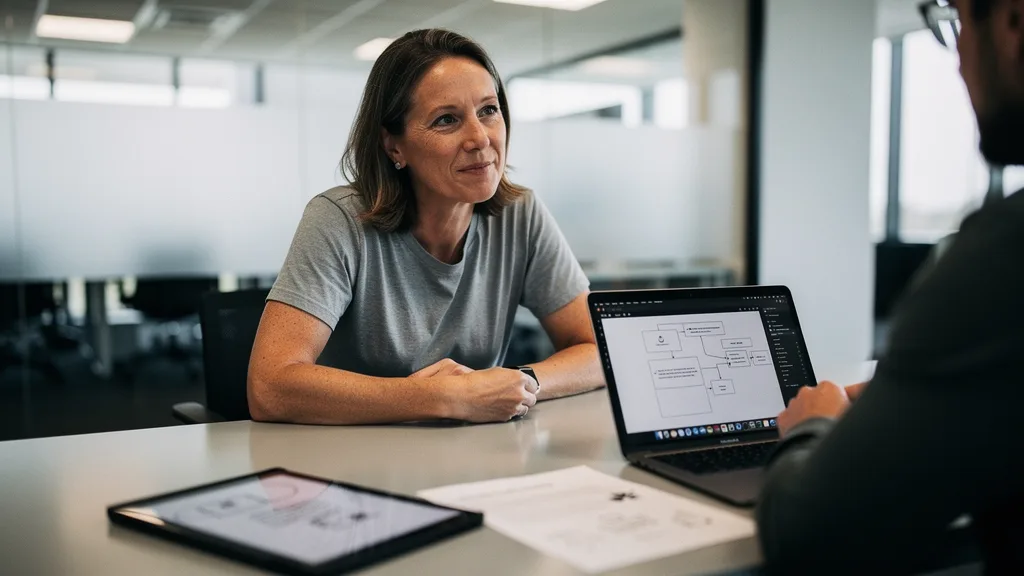 Product manager and developer reviewing a denver app development scope in a modern office