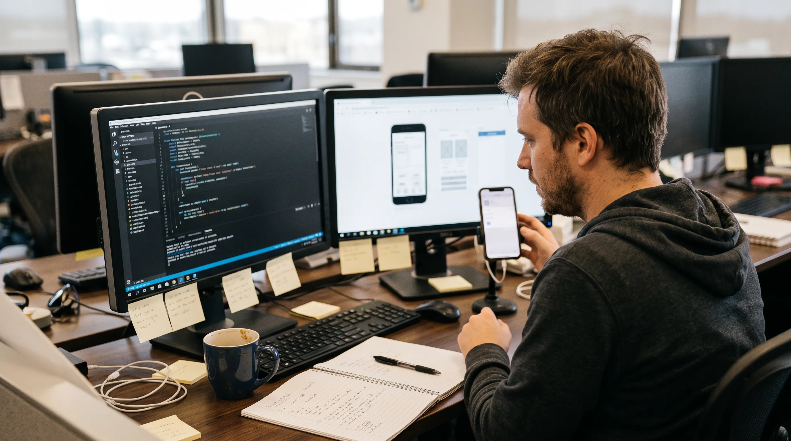 Software engineer running a TestFlight beta build on an iPhone at a dual-monitor workstation