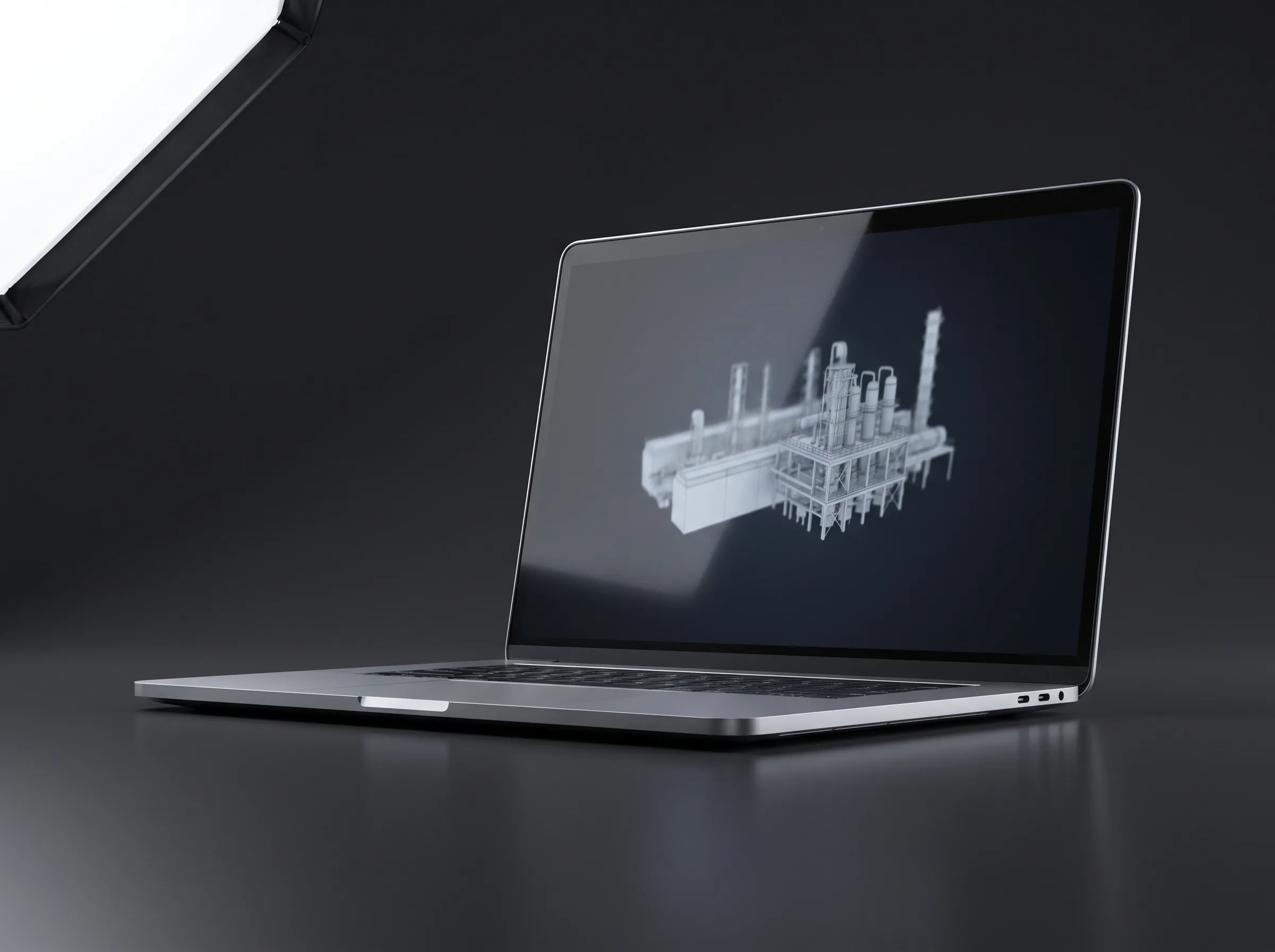 Laptop displaying a 3D facility model used for browser-based digital twin delivery