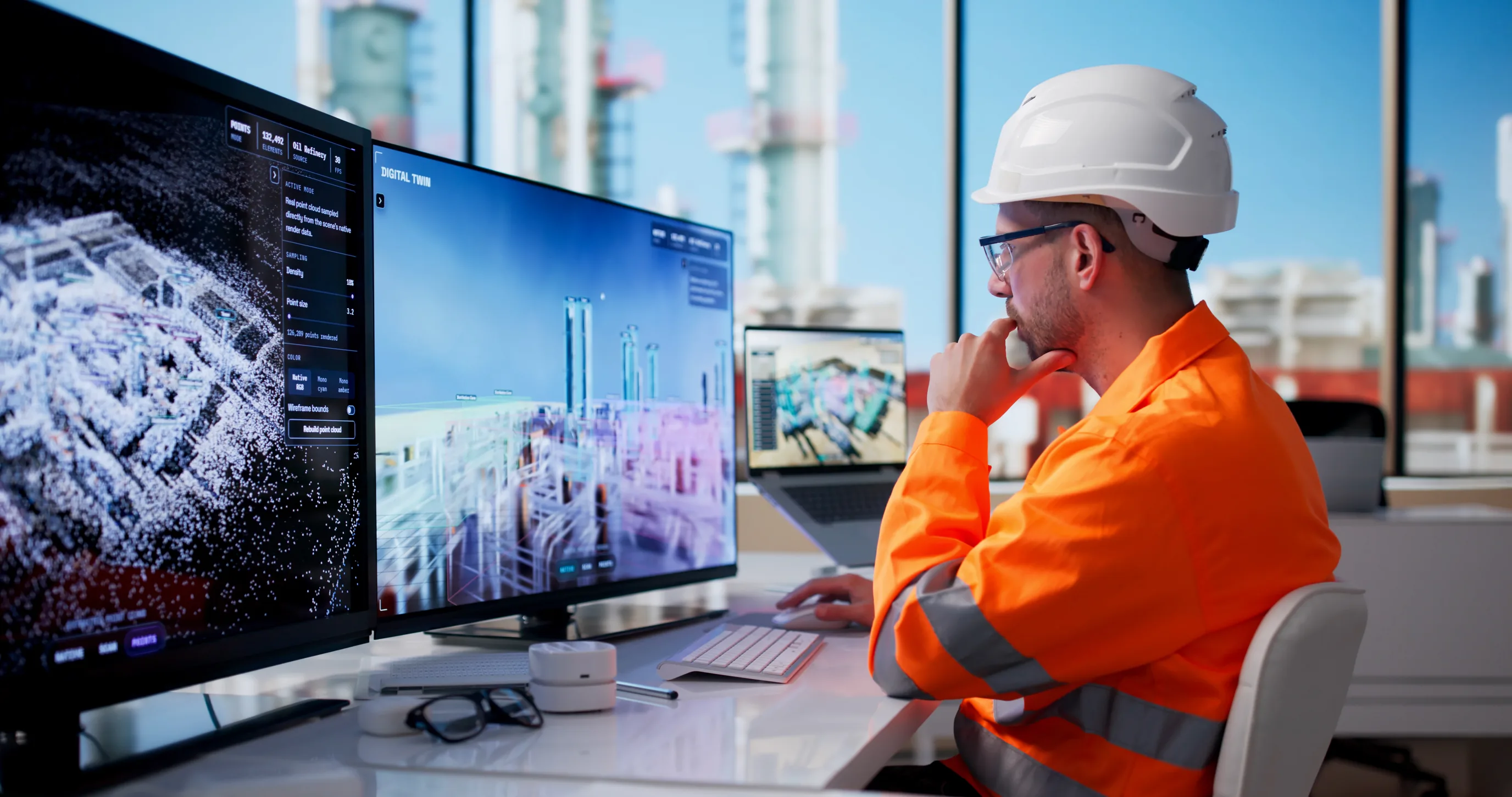 Engineer reviewing a point-cloud digital twin of an industrial plant across multiple monitors