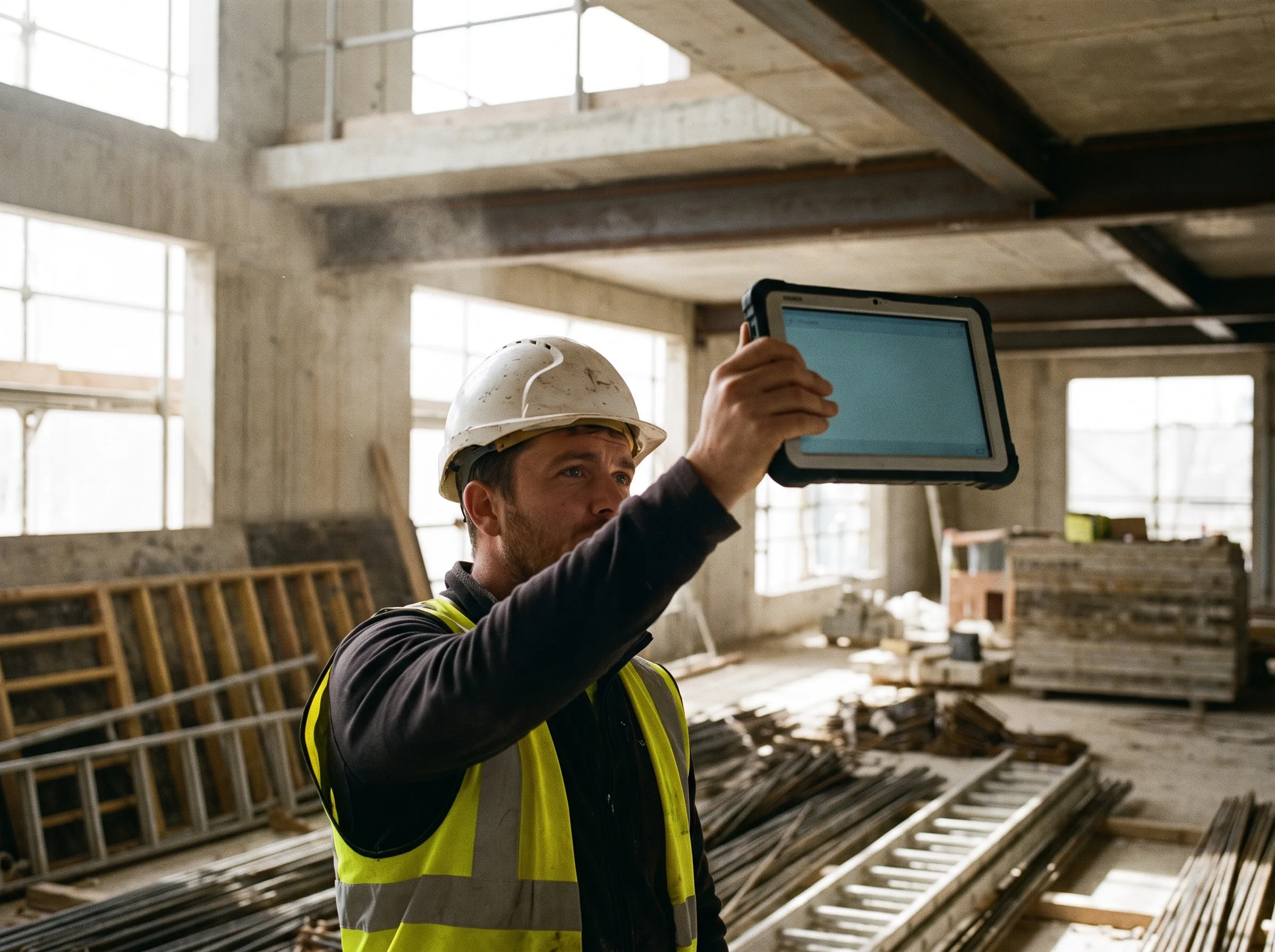 Construction worker in a white hard hat and hi-vis vest holding a tablet up against the exposed concrete structure for a BIM overlay