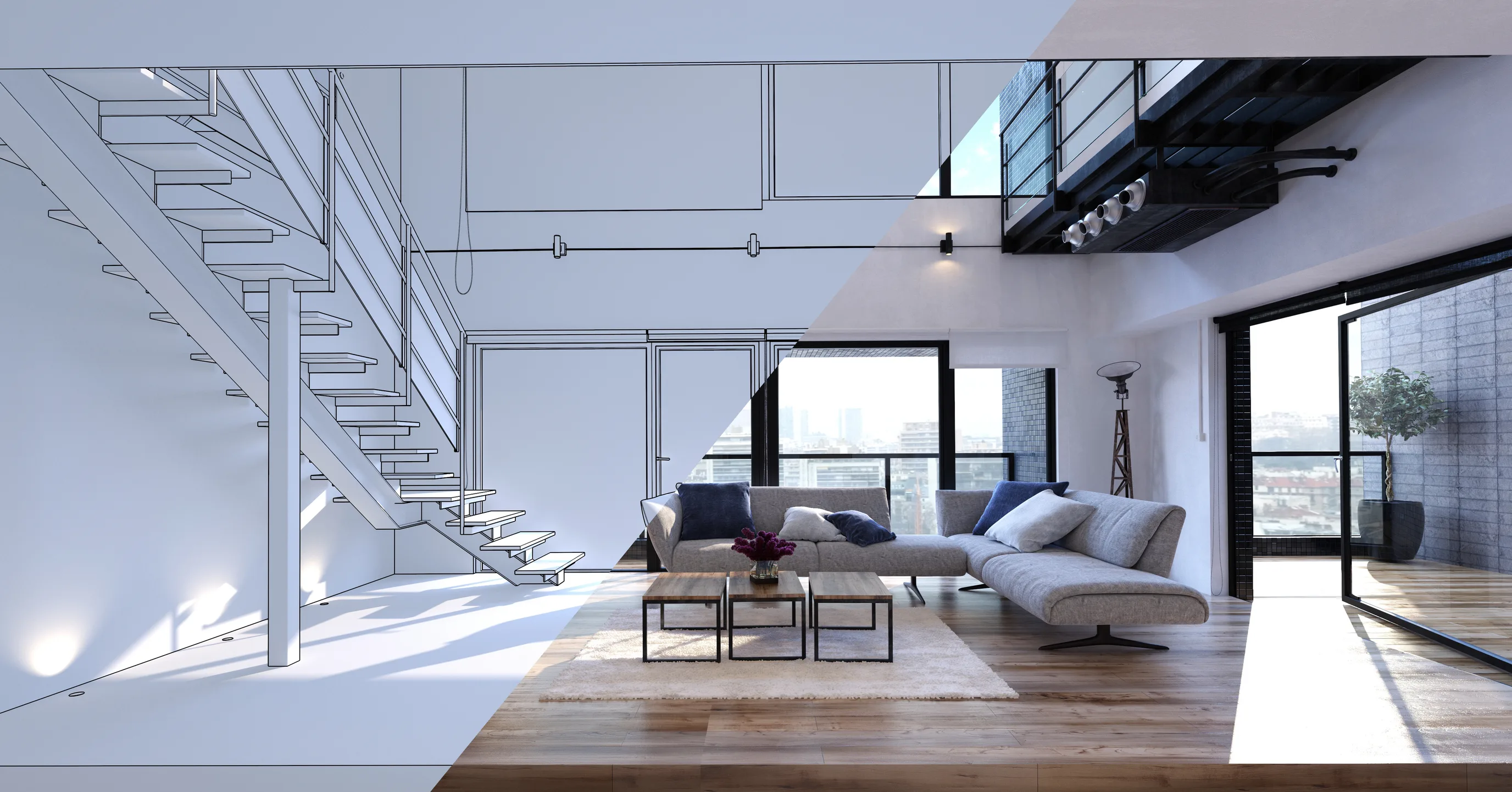 Loft living space shown half as wireframe model and half as finished render in a digital twin