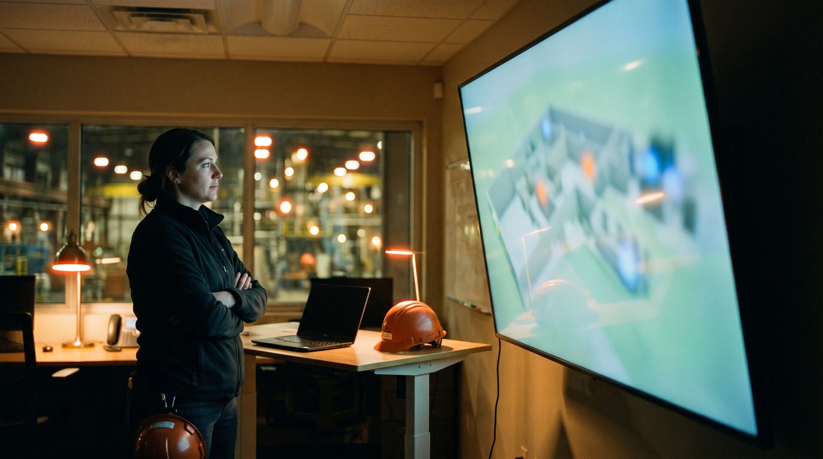 Operations engineer monitoring live IoT status on a digital twin of the facility