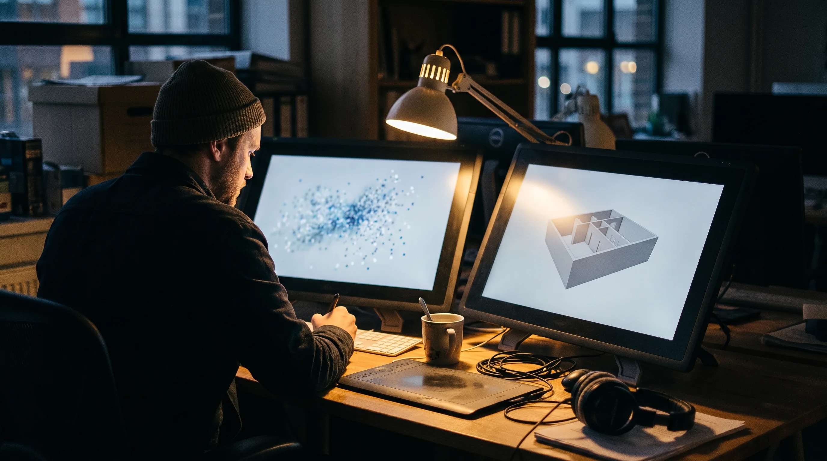 Artist converting a raw point cloud into an optimized digital twin model on dual monitors