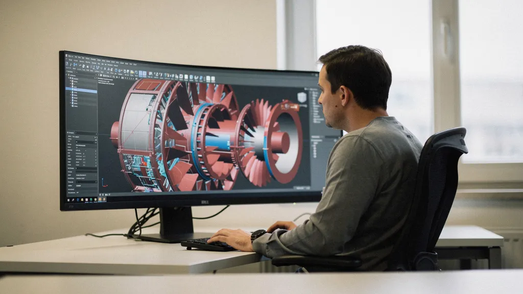 An engineer in a design studio reviews a 3D digital twin for product development