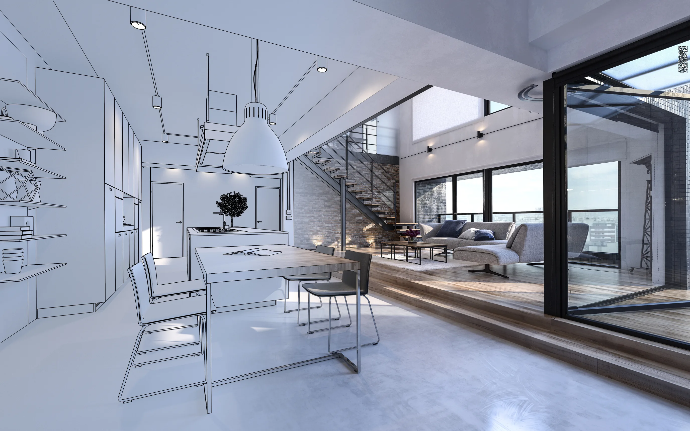Loft interior resolving from wireframe to photoreal render — the visual layer behind our digital twin services