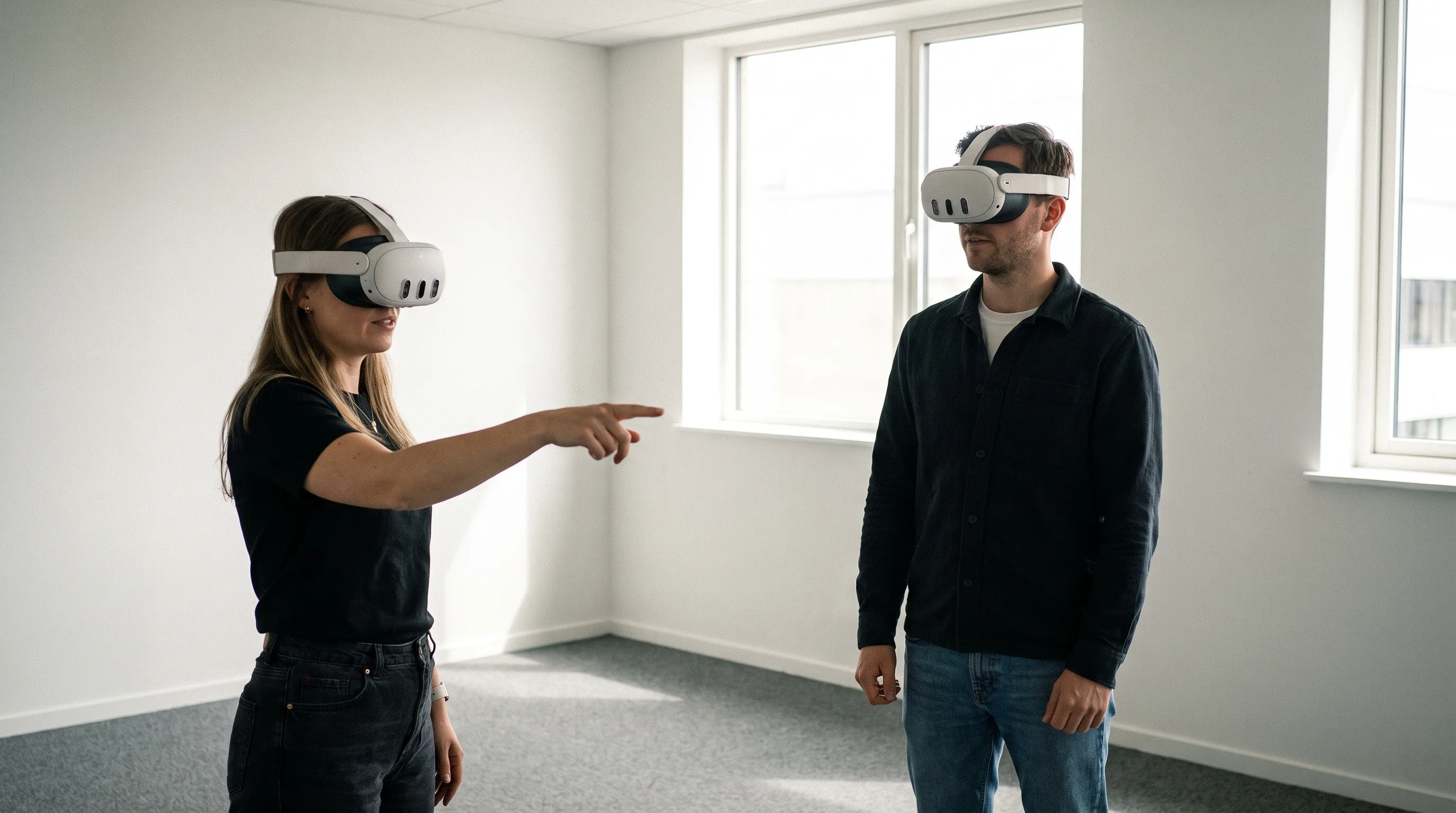 Two reviewers in Meta Quest 3 headsets standing in an empty office, one pointing at a wall only visible in the VR architecture model