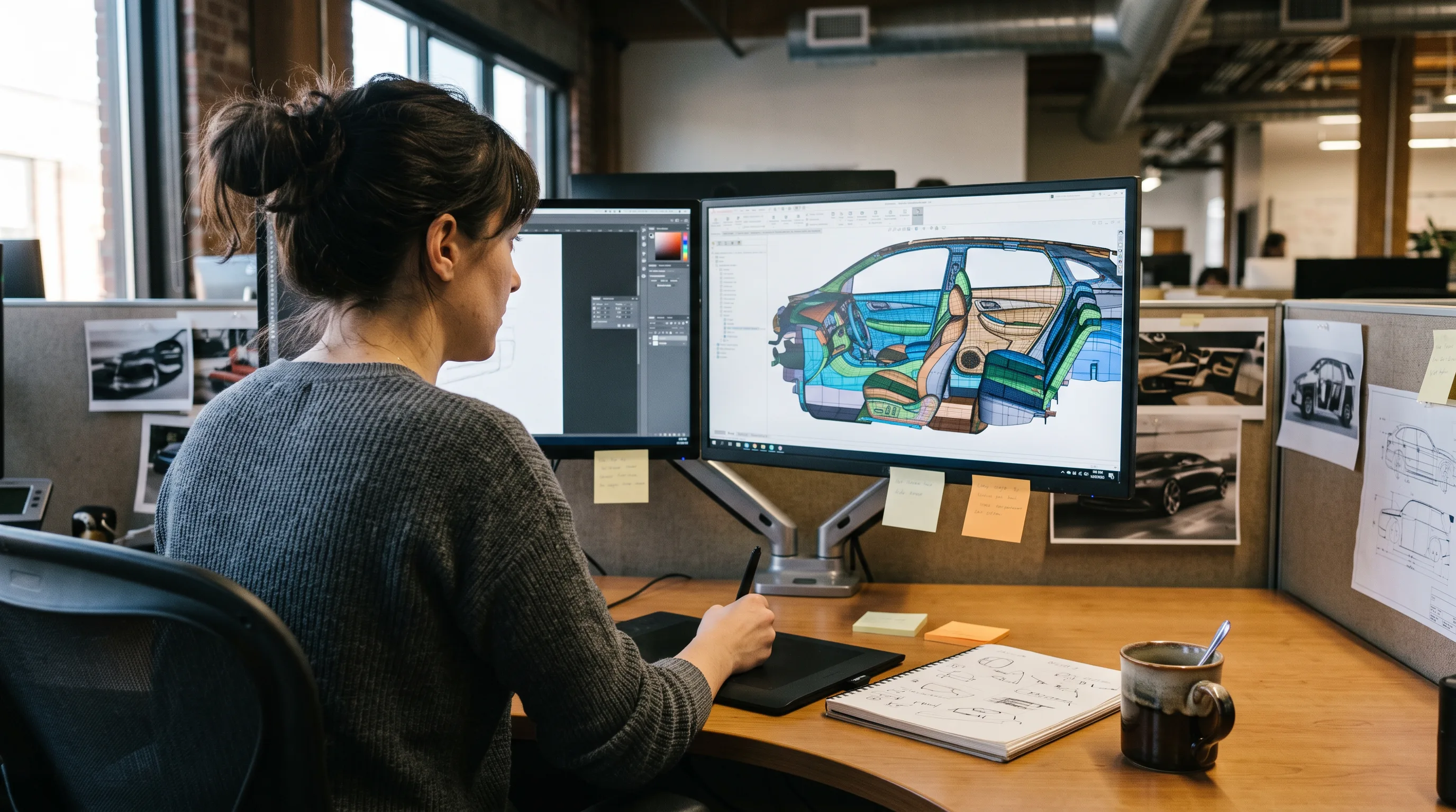 Engineer at a curved workstation reviews a sectioned 3D CAD car interior model on two large monitors