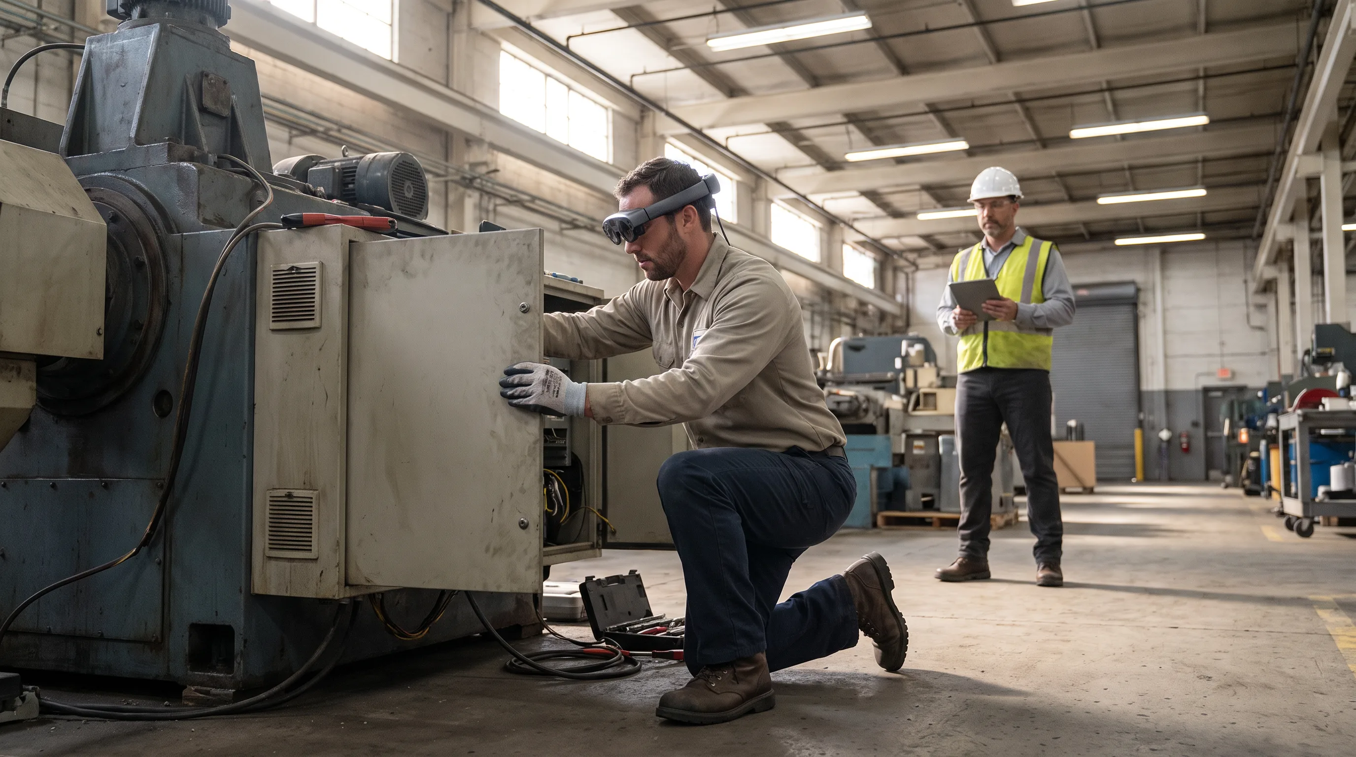 Field technician wearing Magic Leap 2 headset hands-free on a factory floor beside industrial machinery