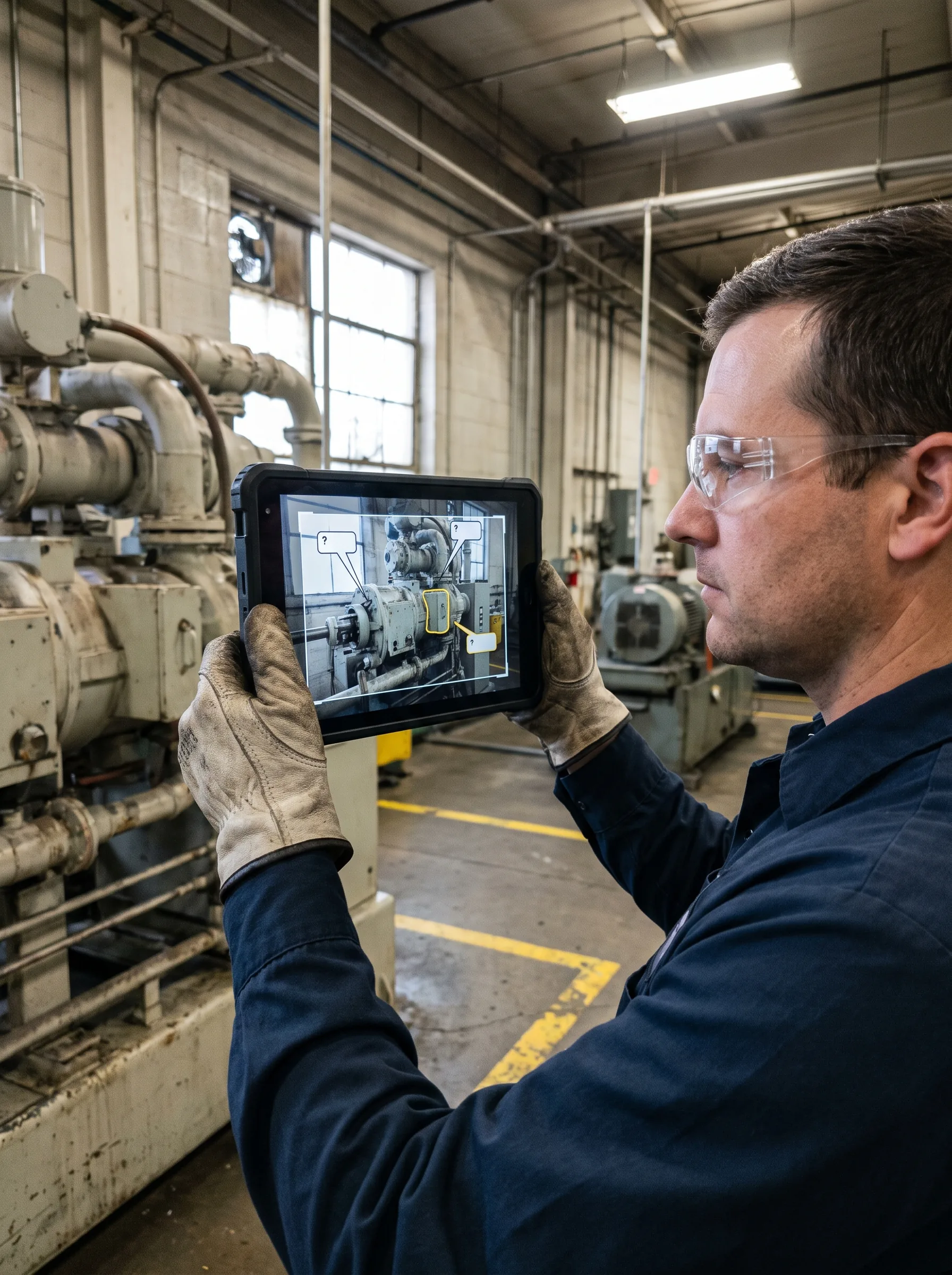Field technician using a tablet with a spatial service overlay beside industrial equipment