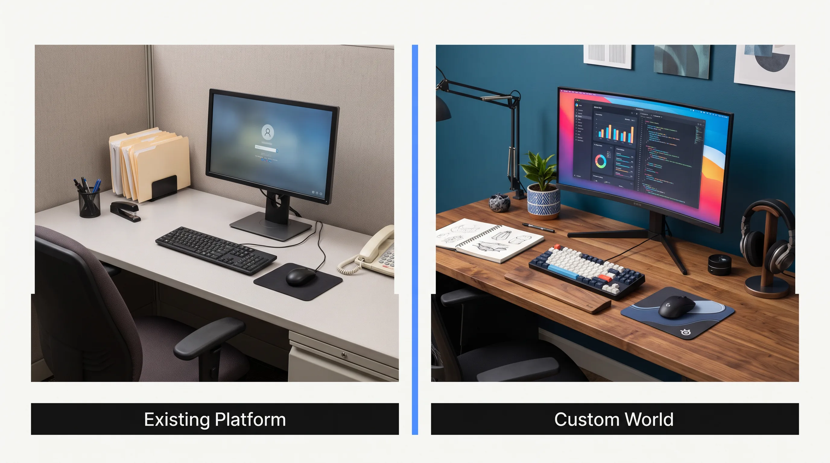 Two-panel comparison of existing platform versus custom world for metaverse development