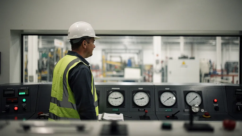 Factory operator monitors a predictive maintenance dashboard in an industrial control room