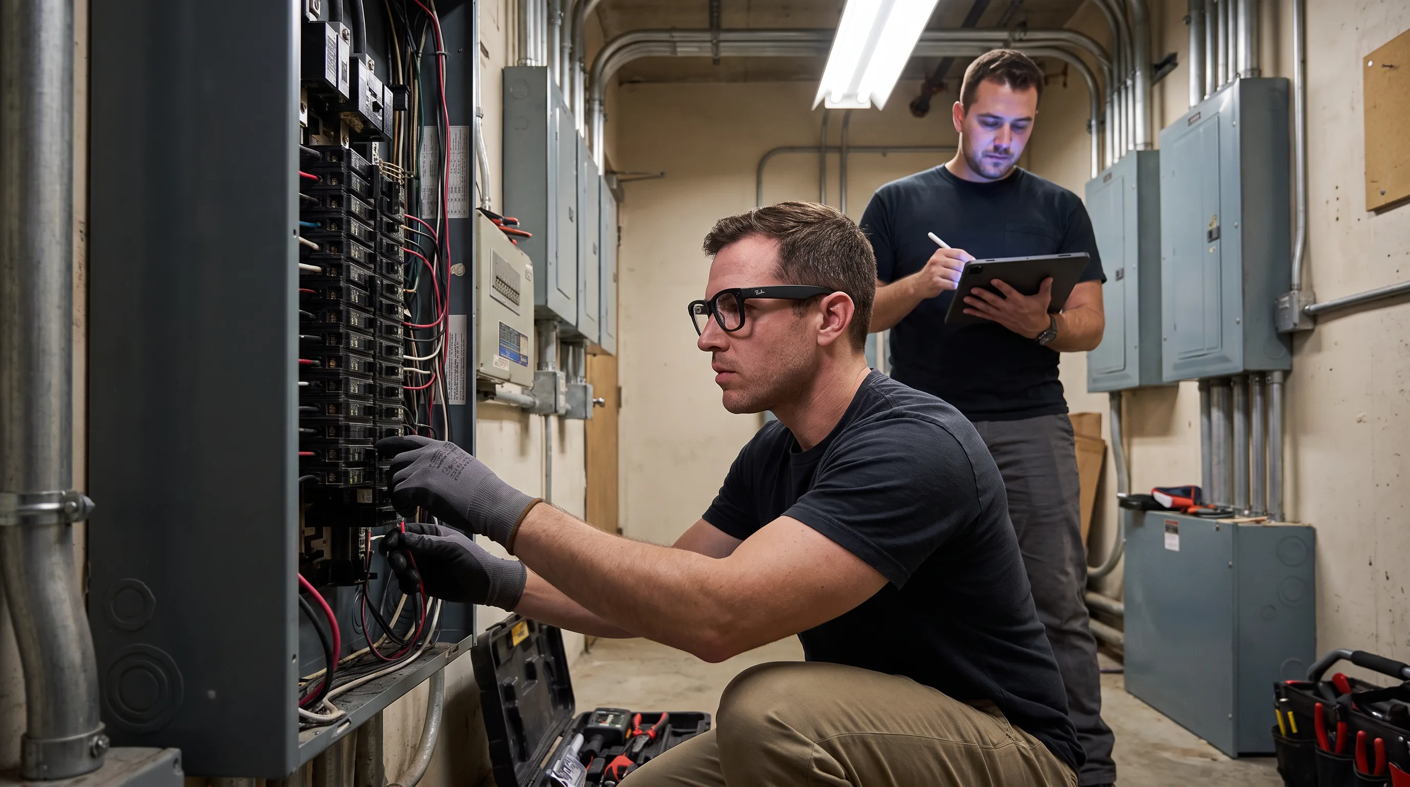Field technician wearing Meta Ray-Ban glasses working hands-free at electrical panel