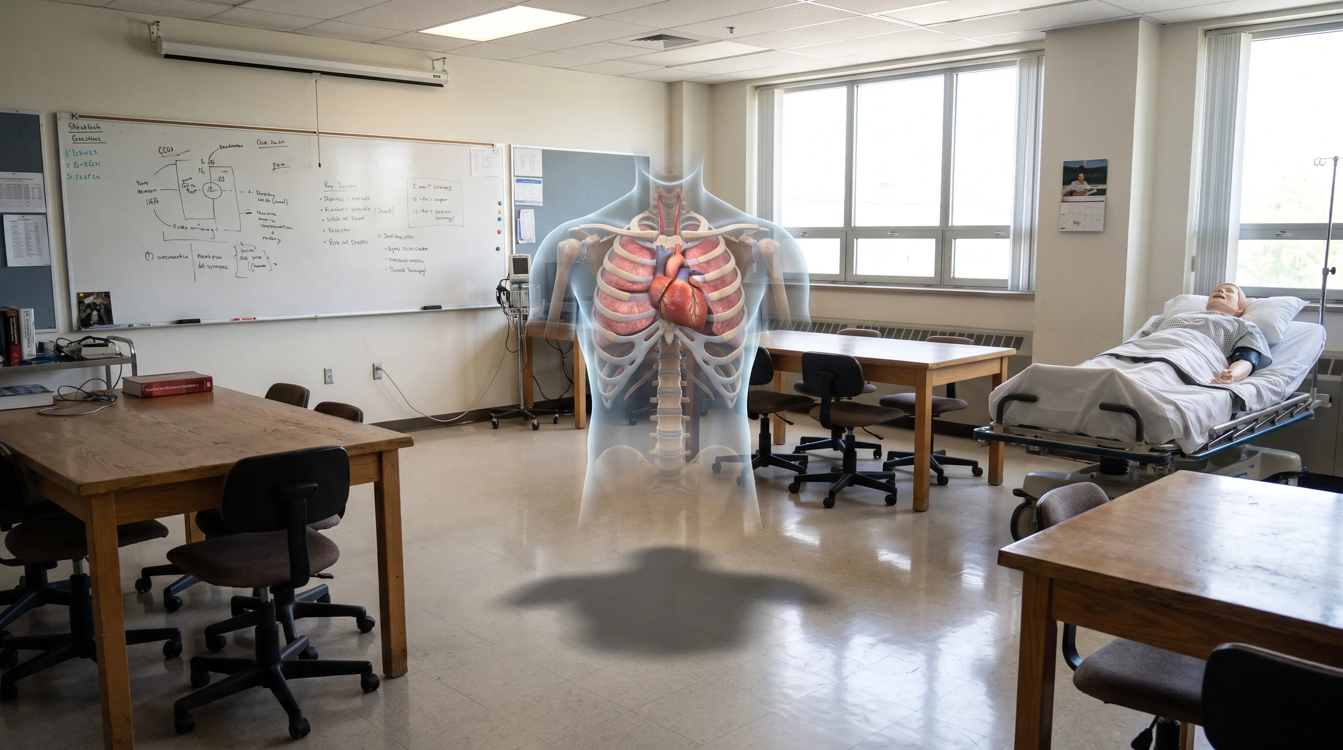 Bright real-world medical training room with a 3D anatomy model anchored in space as augmented reality
