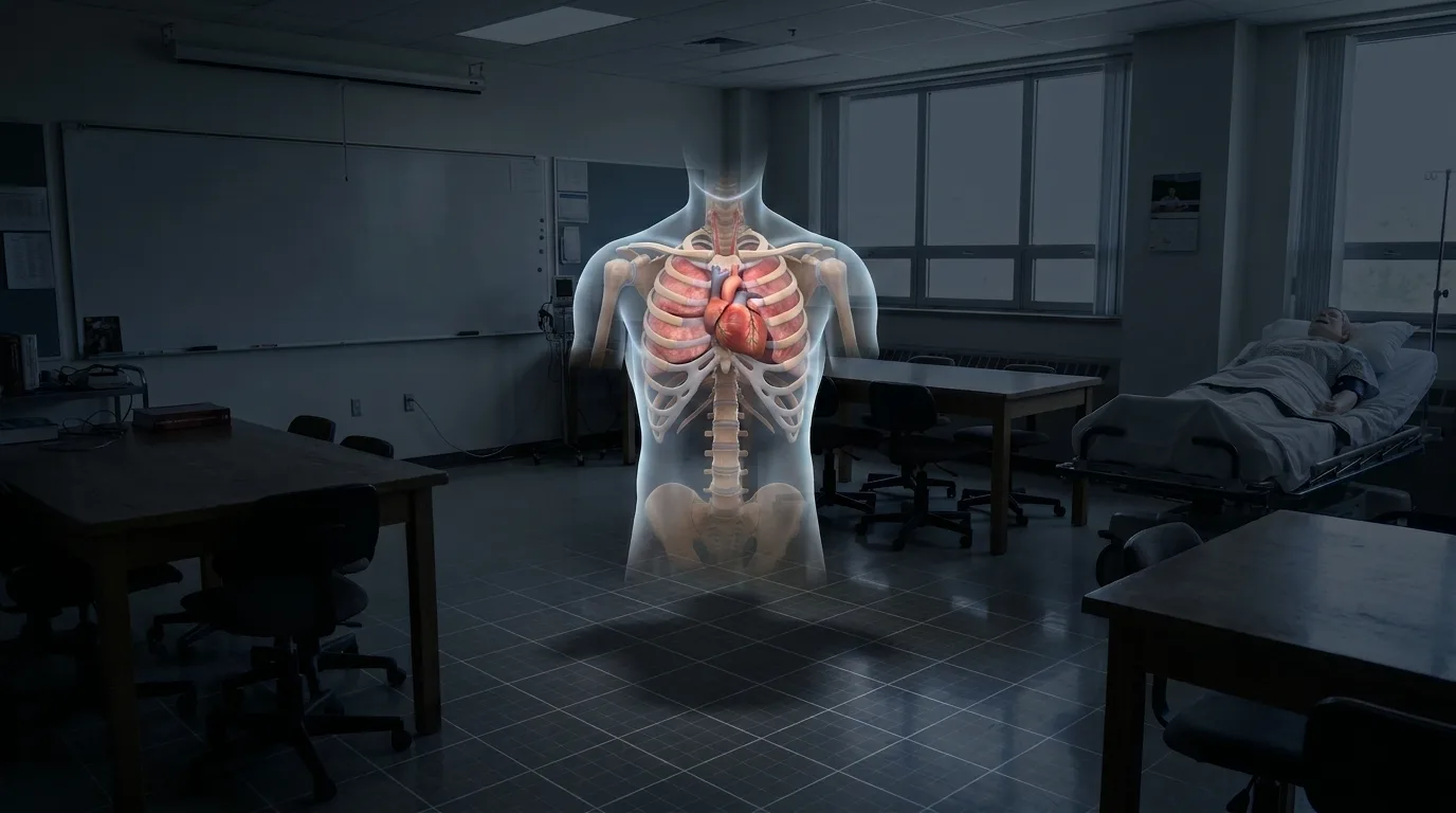 The same training room as a fully immersive dark virtual reality medical simulation