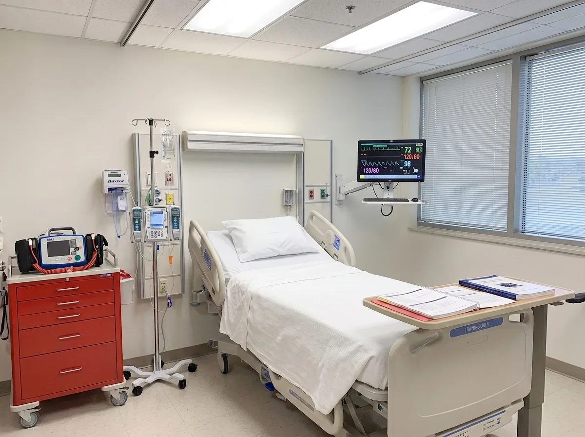 Simulated hospital ward bay with IV pump, defibrillator crash cart, and patient monitor for VR staff training