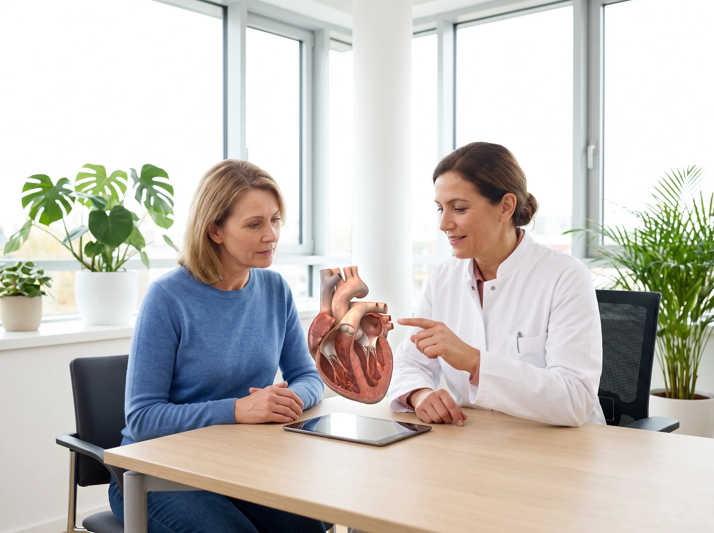 Doctor explaining a 3D anatomical heart model to a patient above a tablet in a bright consult room