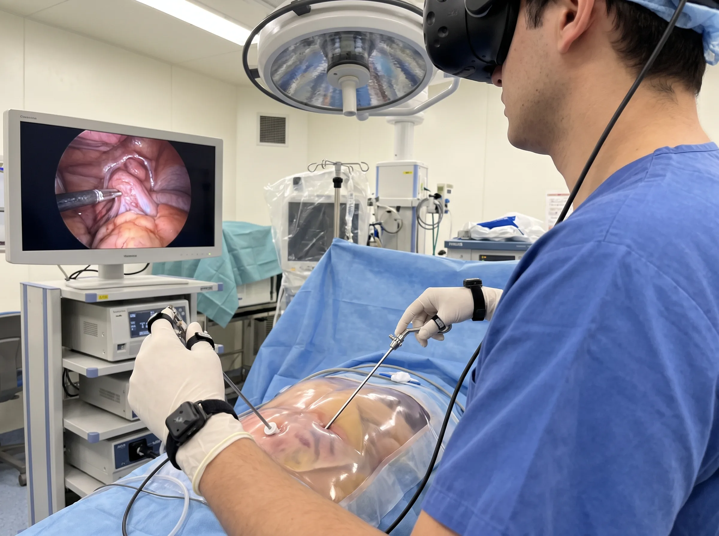 Surgical trainee in a VR headset practicing a laparoscopic procedure in a simulated operating room