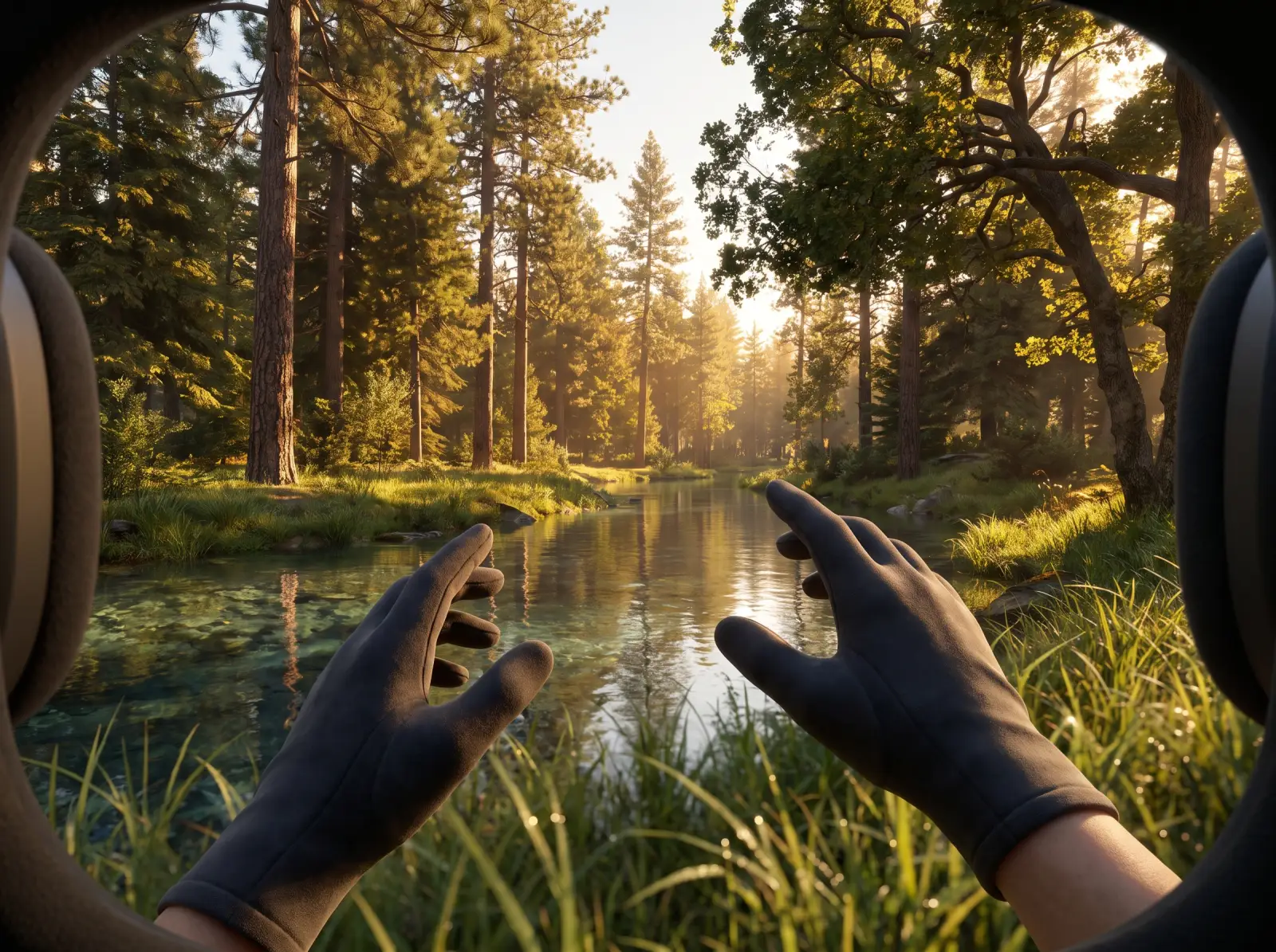 Calm photorealistic forest environment seen through a VR headset during a guided rehabilitation exercise