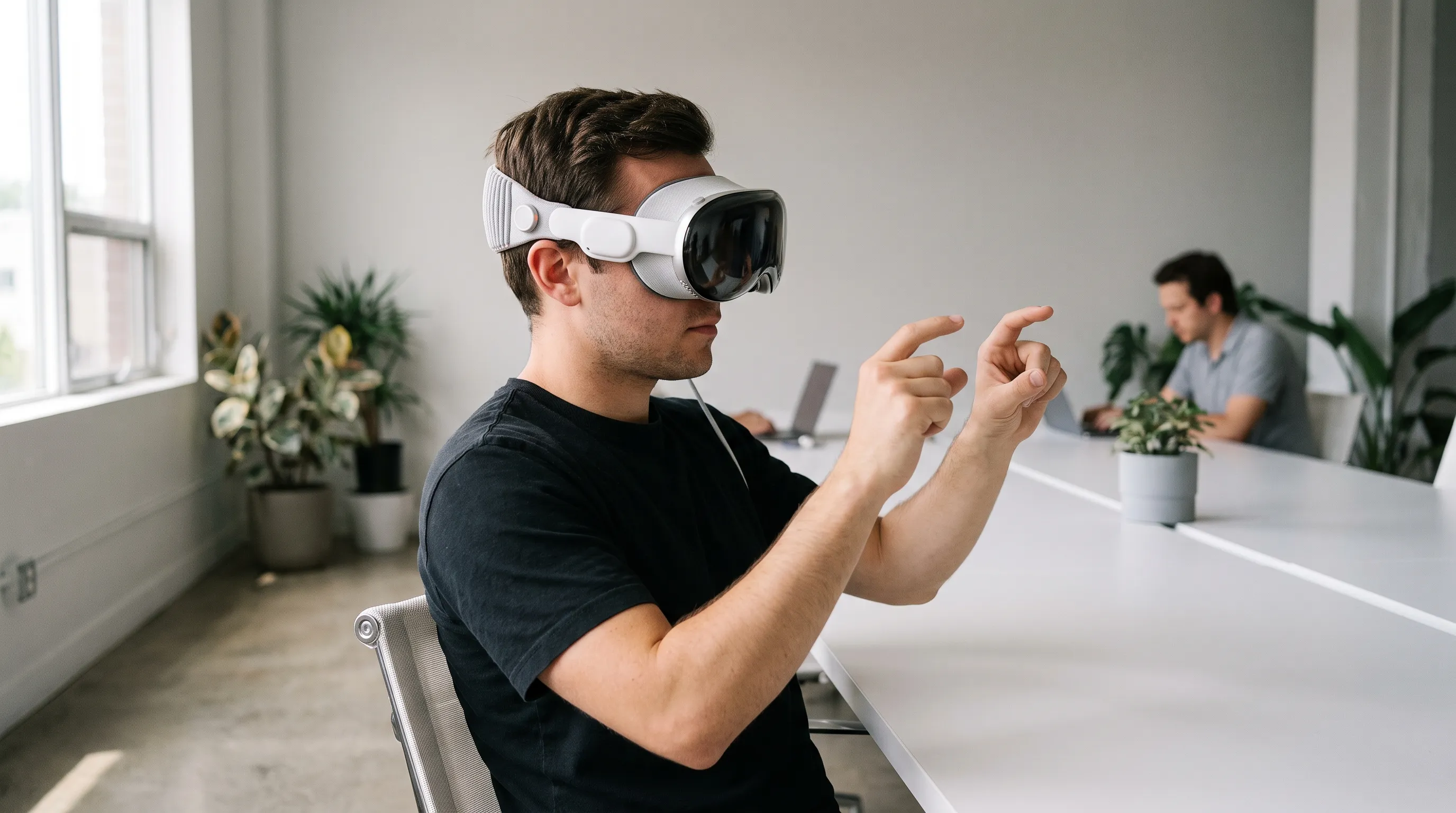 ARKit developer wearing a spatial computing headset works with hand gestures at a studio desk