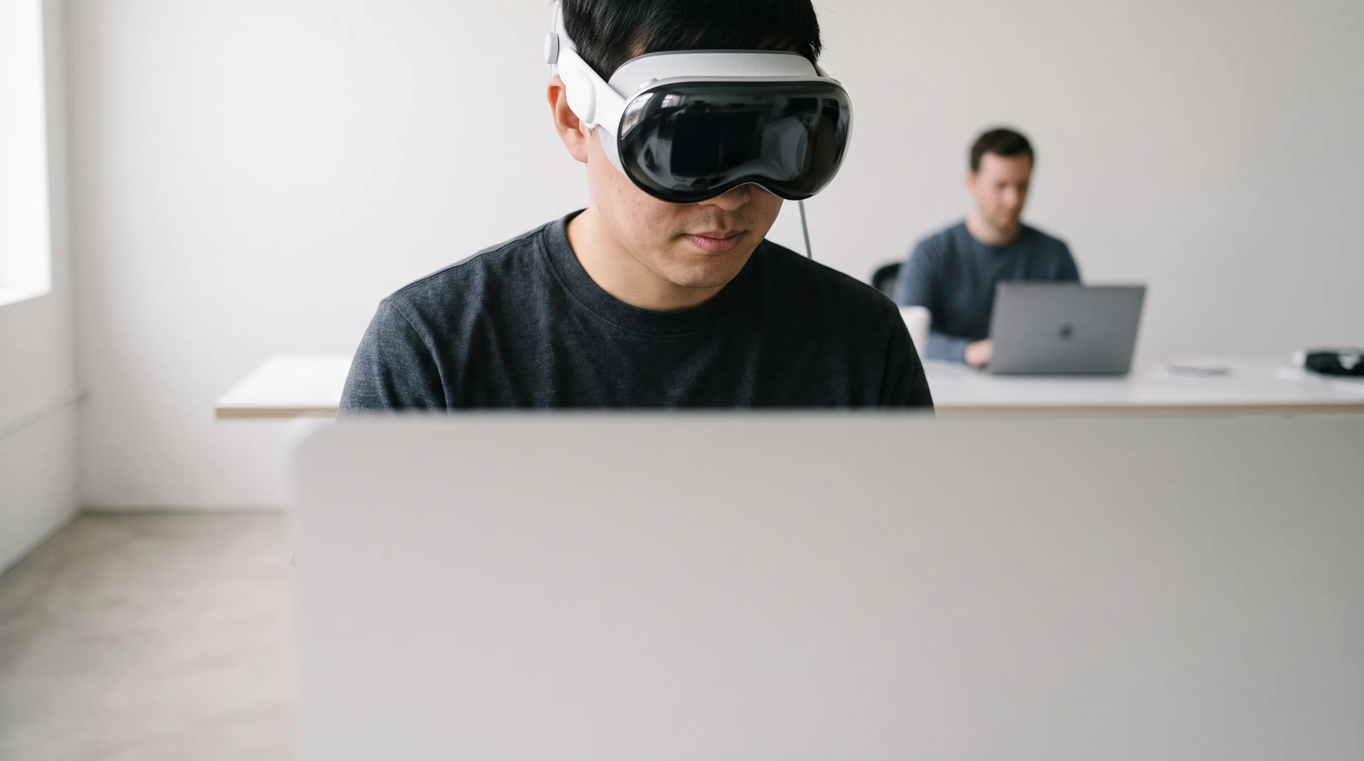 Developer wearing Apple Vision Pro in a design studio — hire ARKit developers