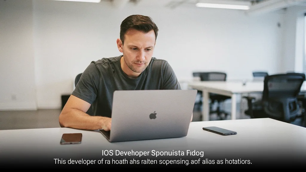 A hiring manager reviews an iOS developer's portfolio on a MacBook Pro in a bright office