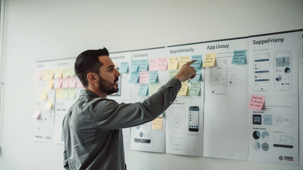 Product lead planning how long it takes to build an app at an office timeline wall